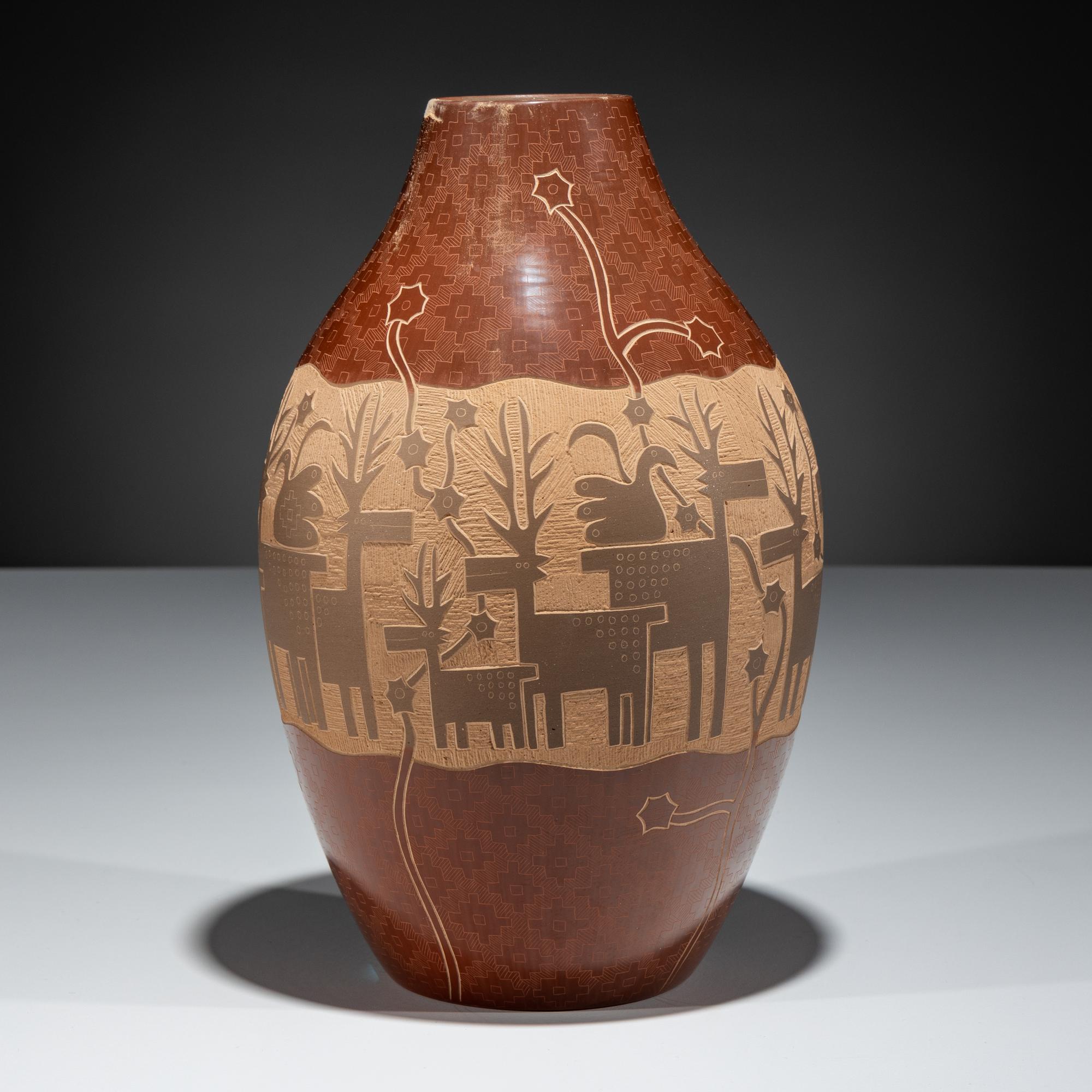 Redware Pottery Jar, with Sgraffito Deer and Parrots