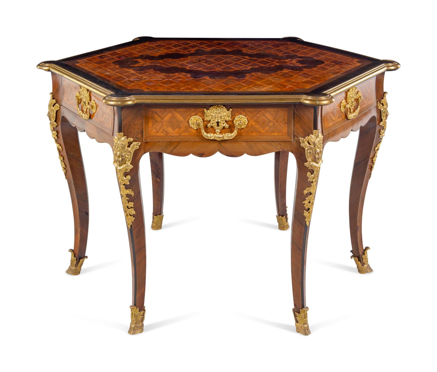 A Neoclassical Gilt Bronze Mounted Parquetry Hexagonal Center Table