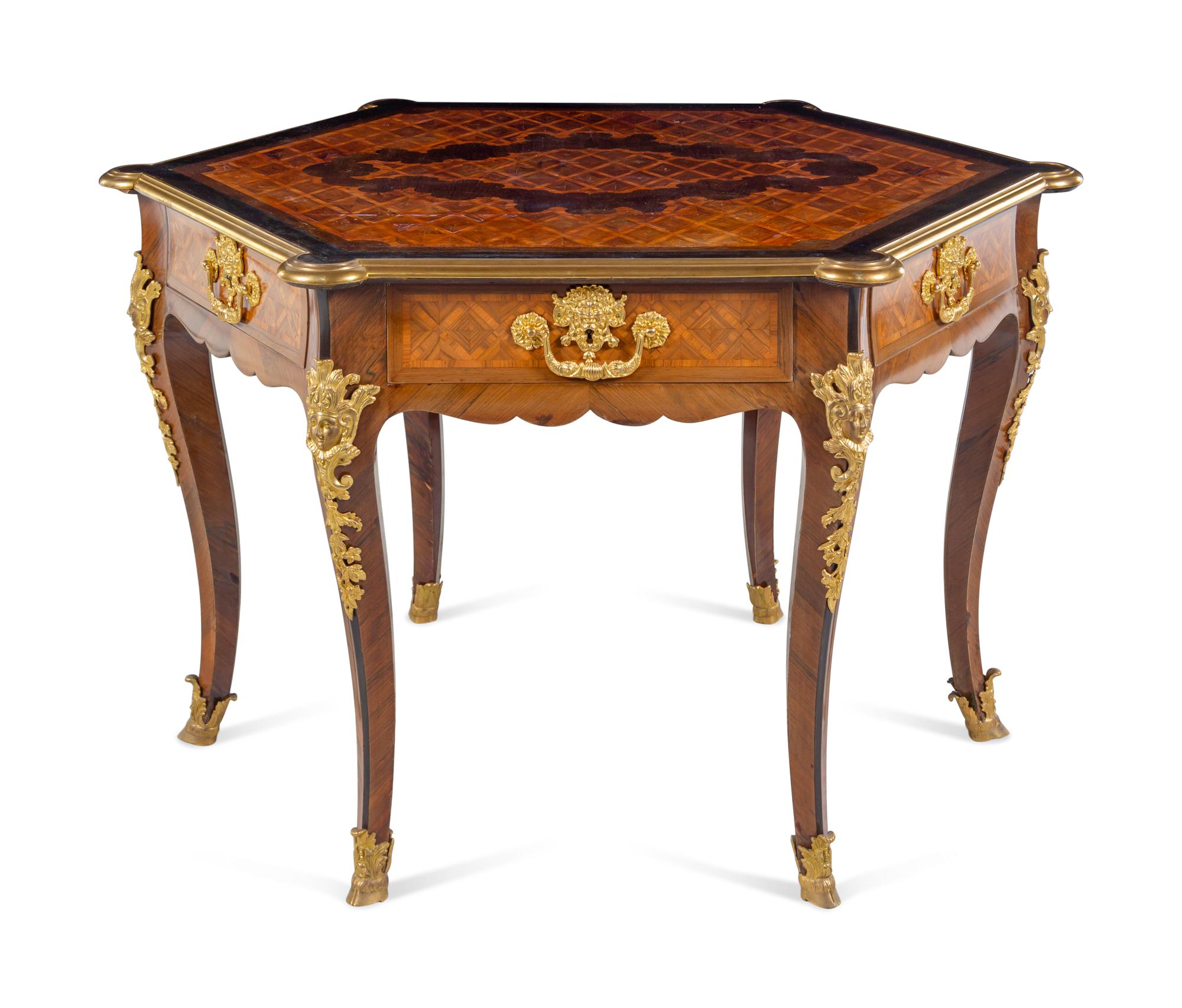 A Neoclassical Gilt Bronze Mounted Parquetry Hexagonal Center Table