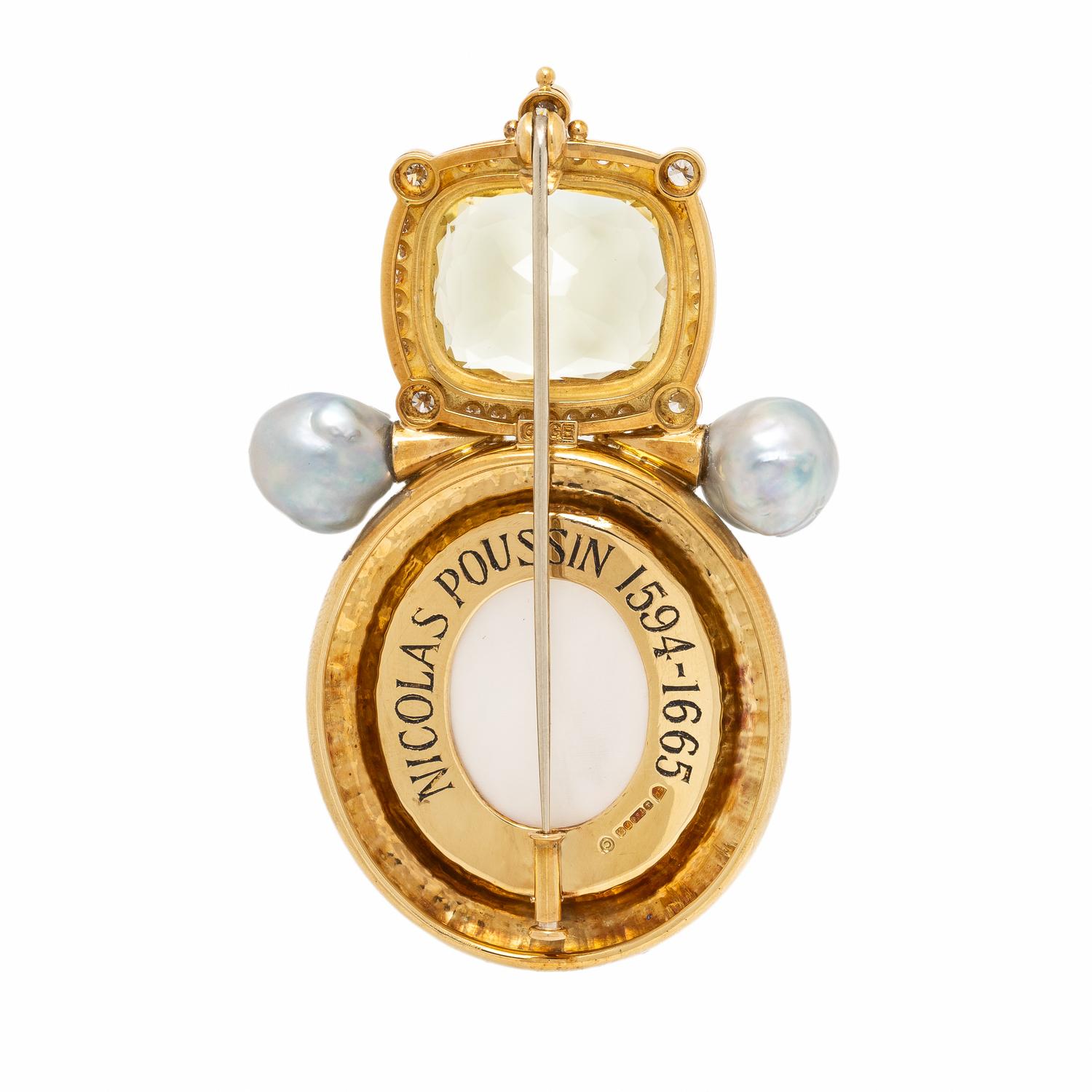 Elizabeth Gage, Multigem and Yellow Gold Pendant Brooch with Cameo of Nicolas Poussin