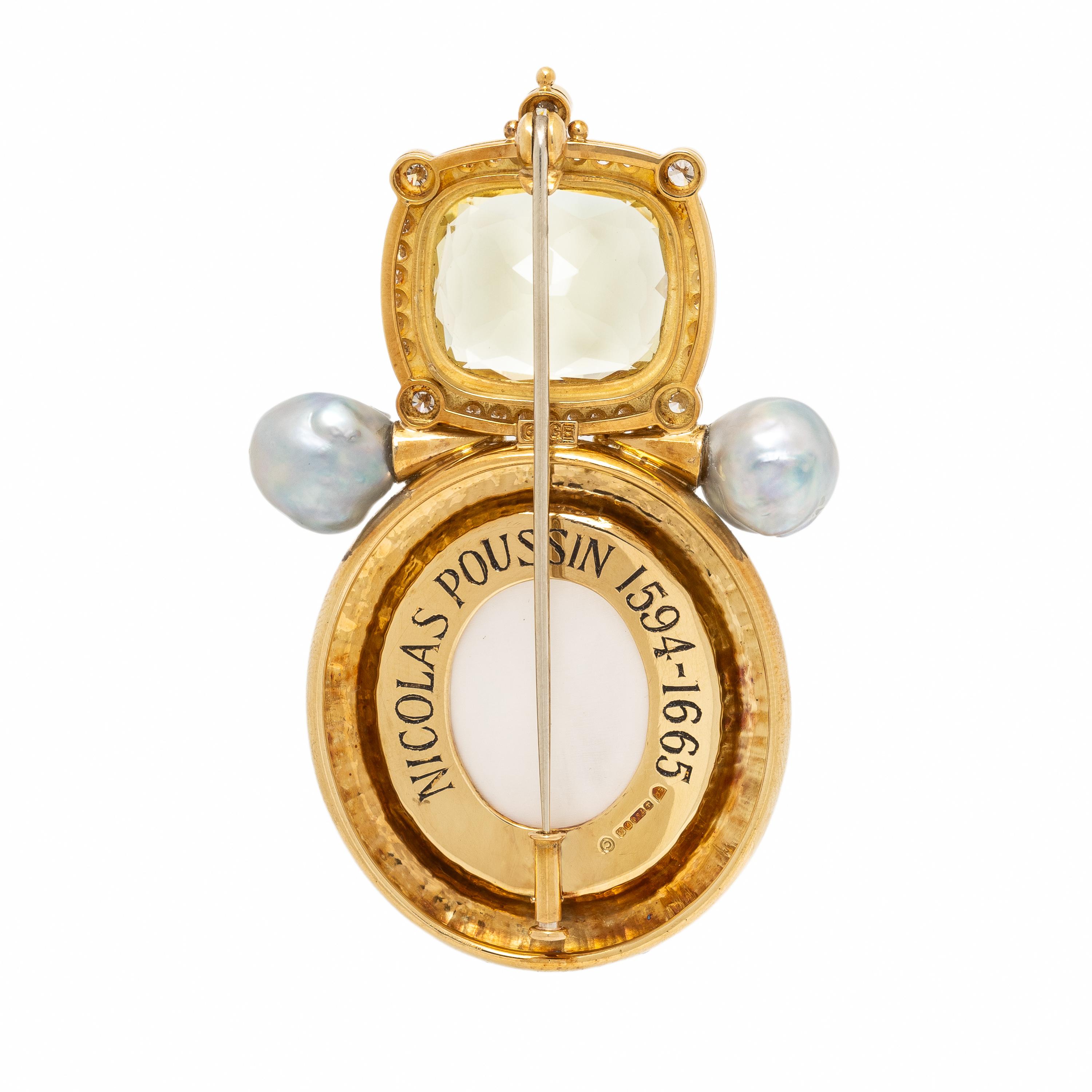 Elizabeth Gage, Multigem and Yellow Gold Pendant Brooch with Cameo of Nicolas Poussin