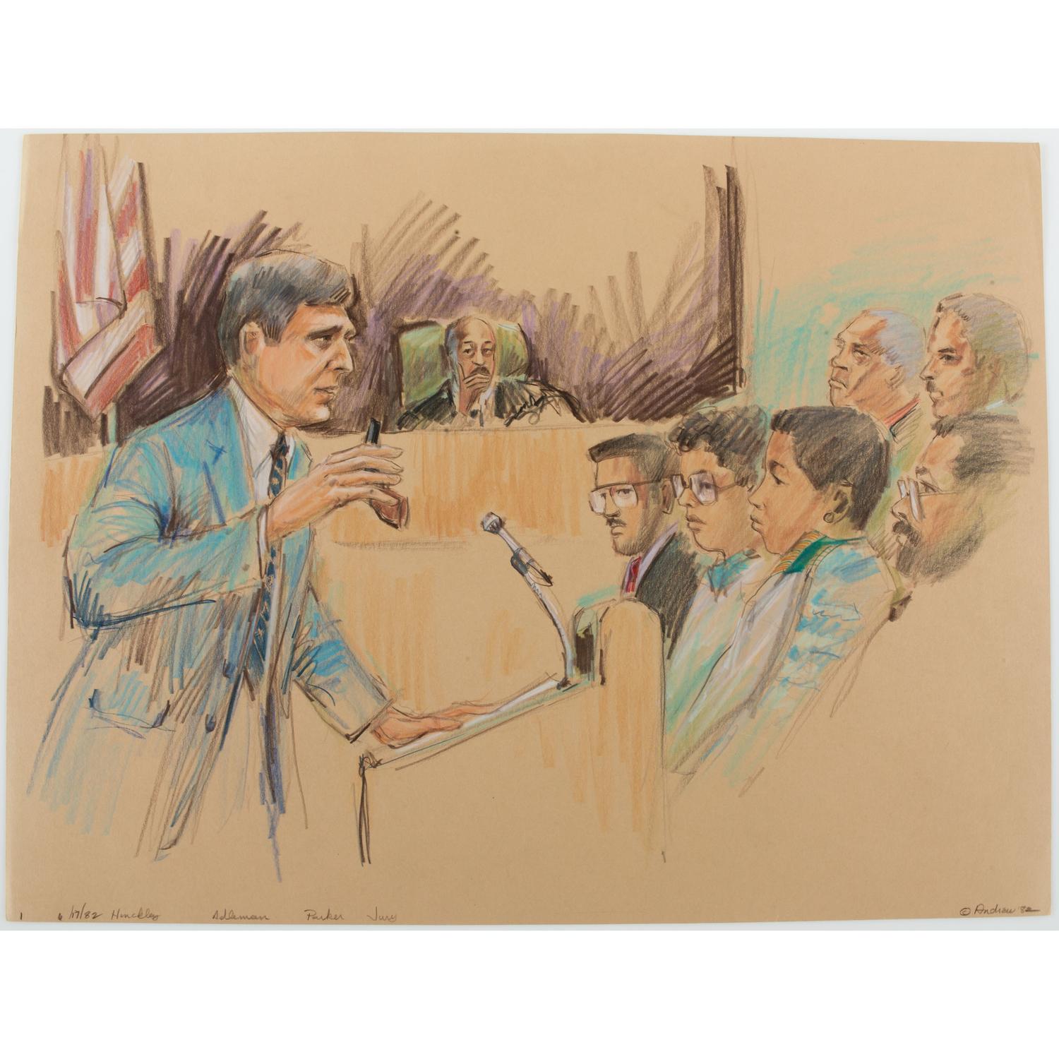 Joan Andrew, Washington Post and CNN Sketch Artist, 24 Original Sketches Documenting the Trial of John Hinckley, Jr., For his Attempted Assassination of Ronald Reagan