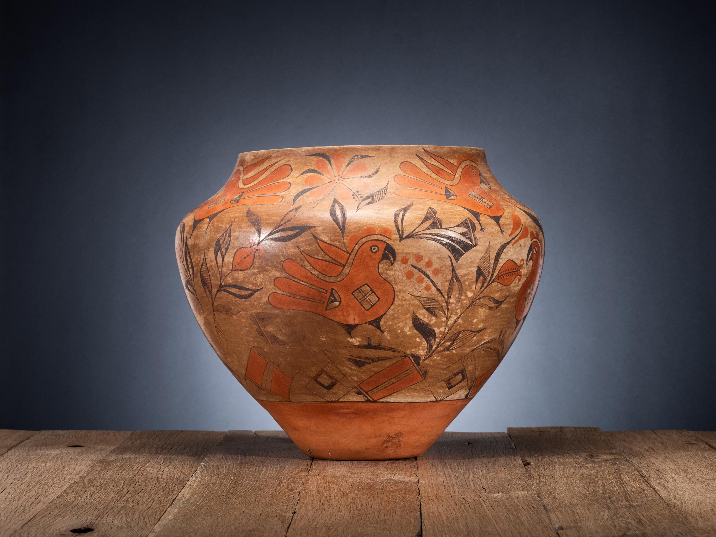 Acoma Polychrome Pottery Olla, with Parrots