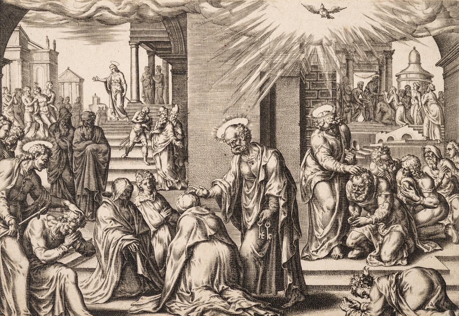A group of five prints ( Descent from the Cross; The Raising of Tabitha, c. 1550; Untitled (A Saint's Blessing); Untitled (Benediction); Untitled (Saint in a Crowd), c. 1540)
