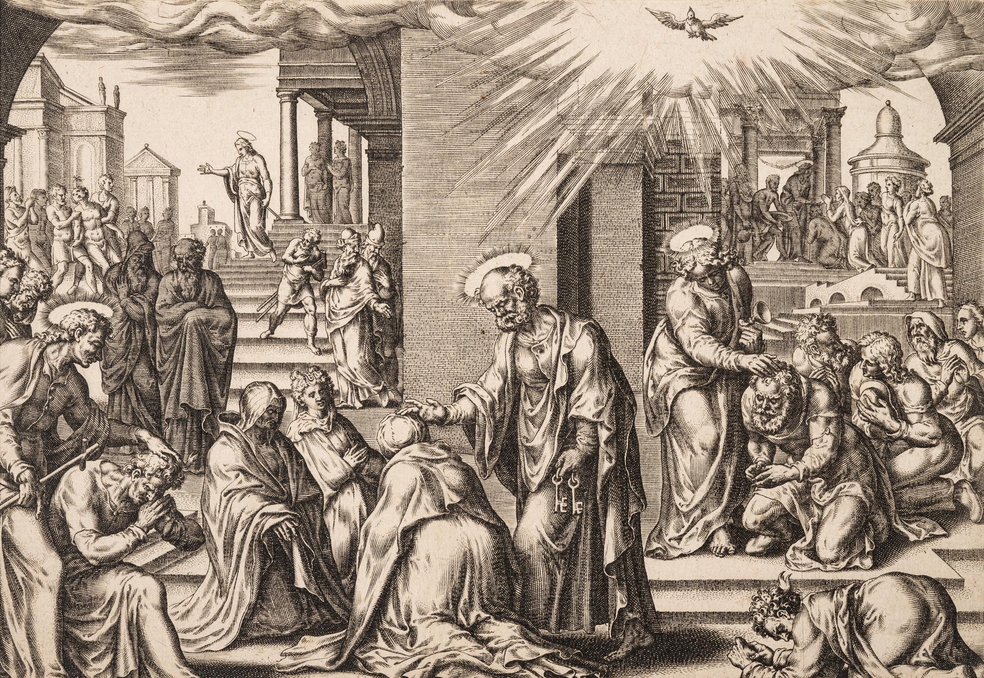 A group of five prints ( Descent from the Cross; The Raising of Tabitha, c. 1550; Untitled (A Saint's Blessing); Untitled (Benediction); Untitled (Saint in a Crowd), c. 1540)