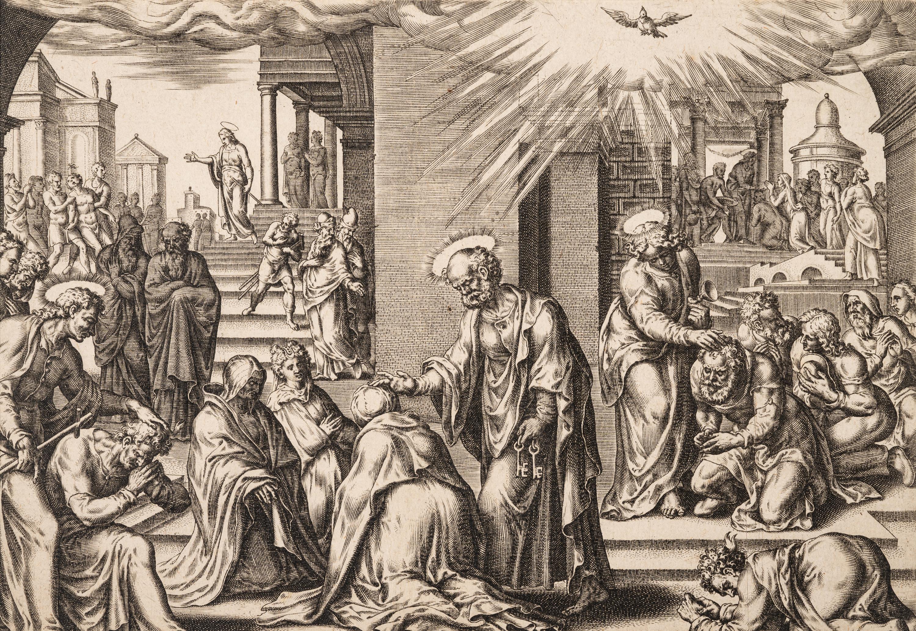 A group of five prints ( Descent from the Cross; The Raising of Tabitha, c. 1550; Untitled (A Saint's Blessing); Untitled (Benediction); Untitled (Saint in a Crowd), c. 1540)