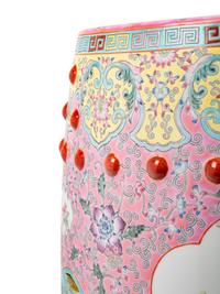 A Chinese Pink Ground Famille Rose Porcelain Garden Stool