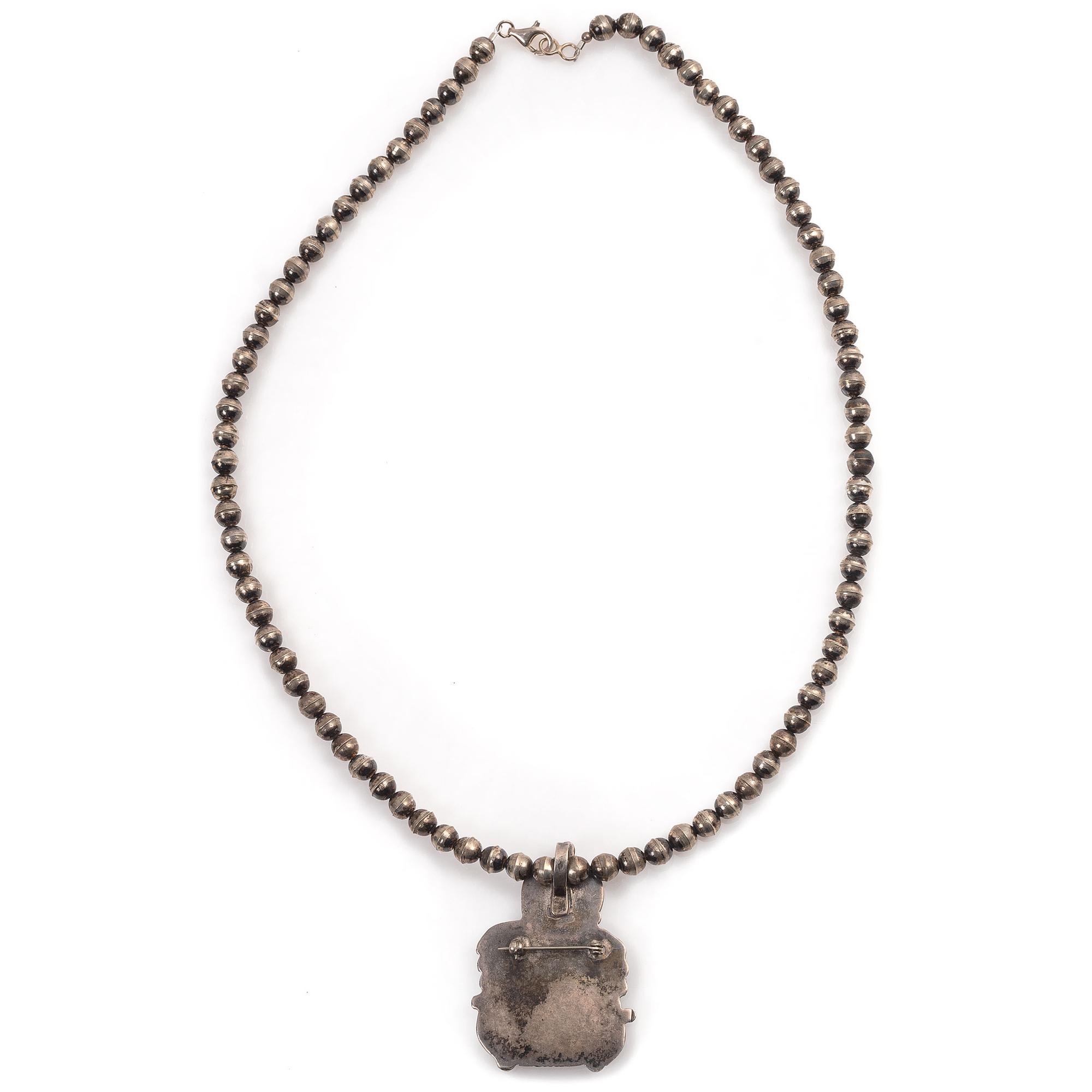 Navajo Silver Necklace, with Carved Turquoise and Coral Accents