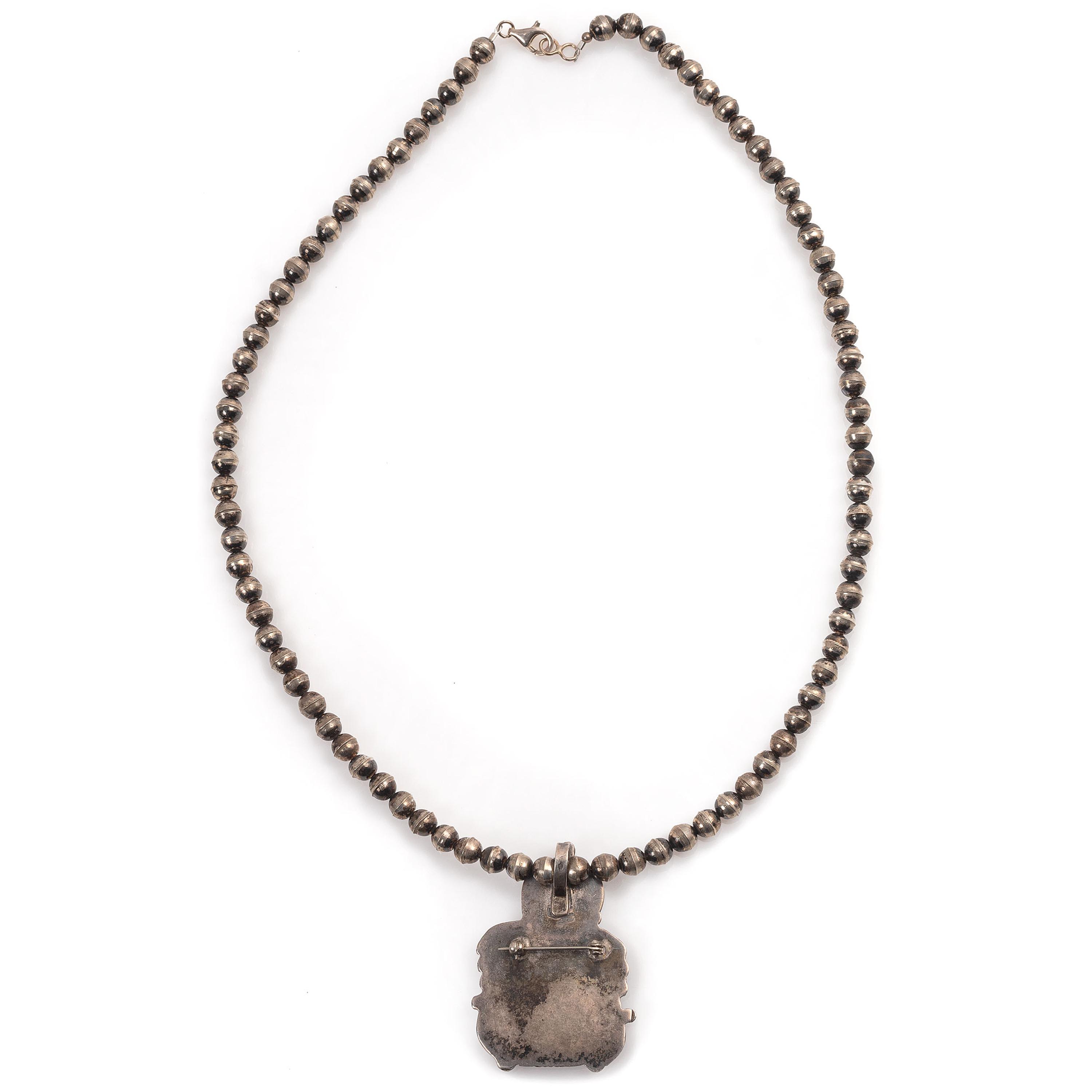 Navajo Silver Necklace, with Carved Turquoise and Coral Accents