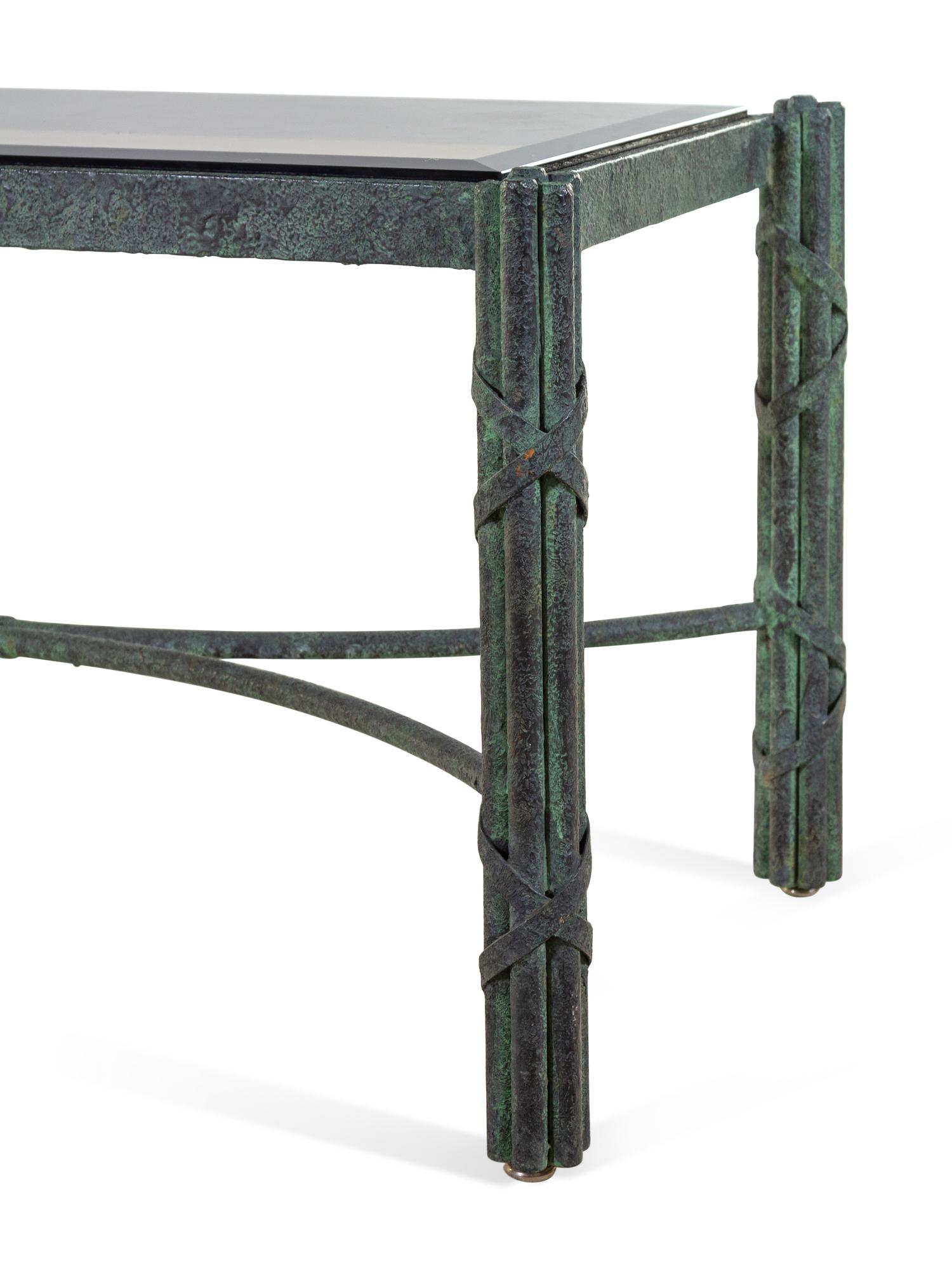A Pair of Modern Patinated Bronze Smoky Glass-Top Low Tables