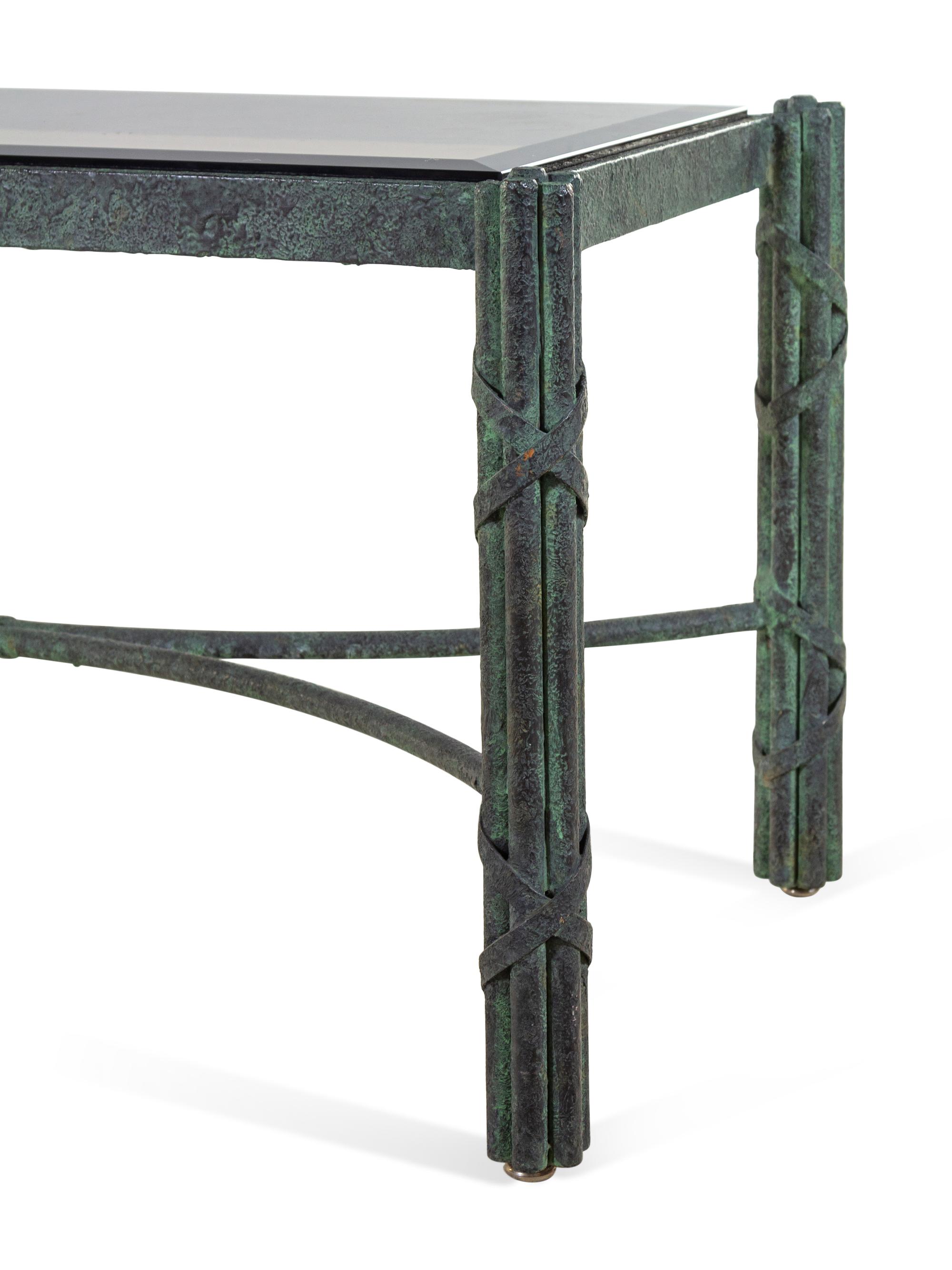 A Pair of Modern Patinated Bronze Smoky Glass-Top Low Tables