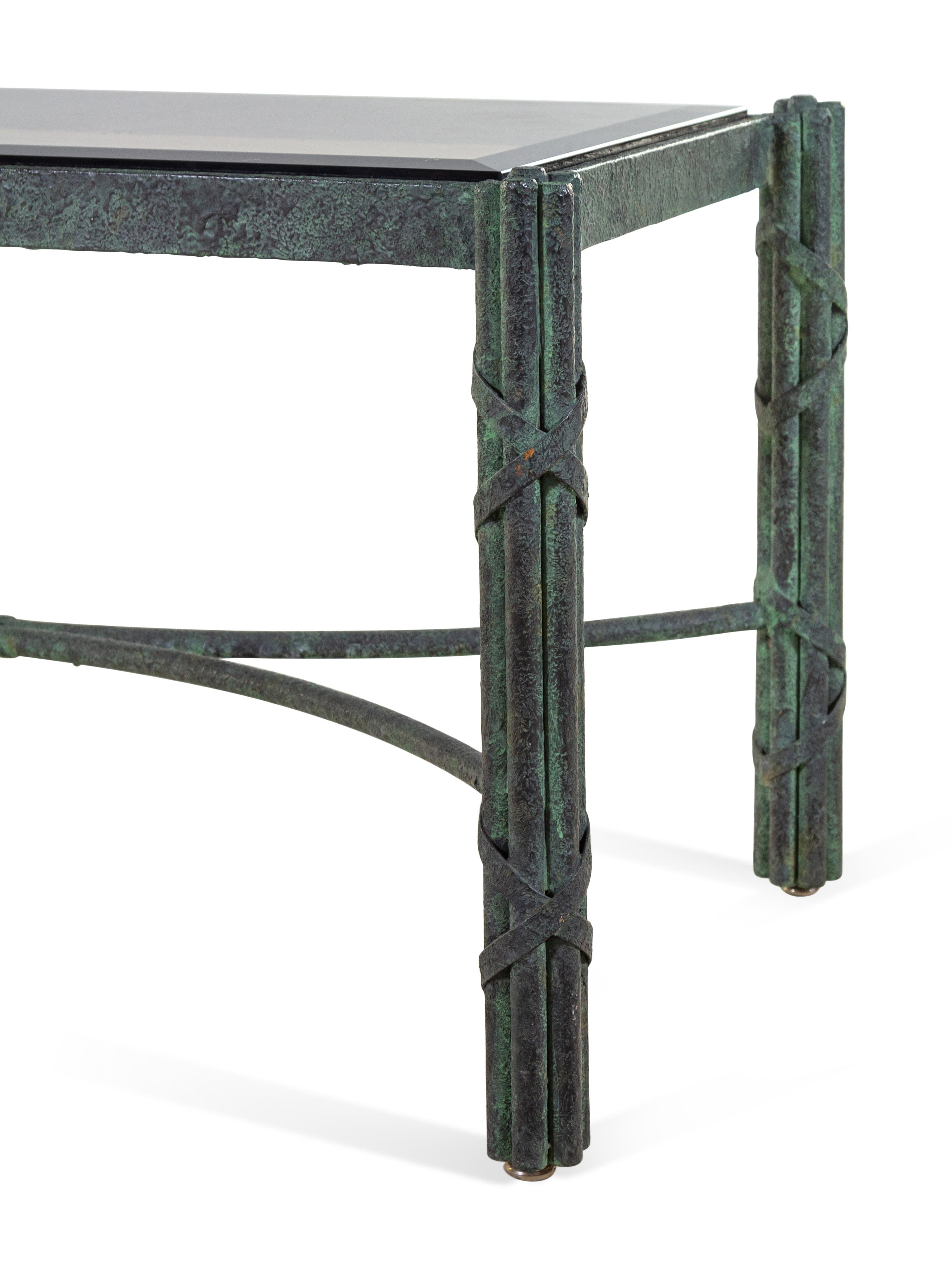 A Pair of Modern Patinated Bronze Smoky Glass-Top Low Tables