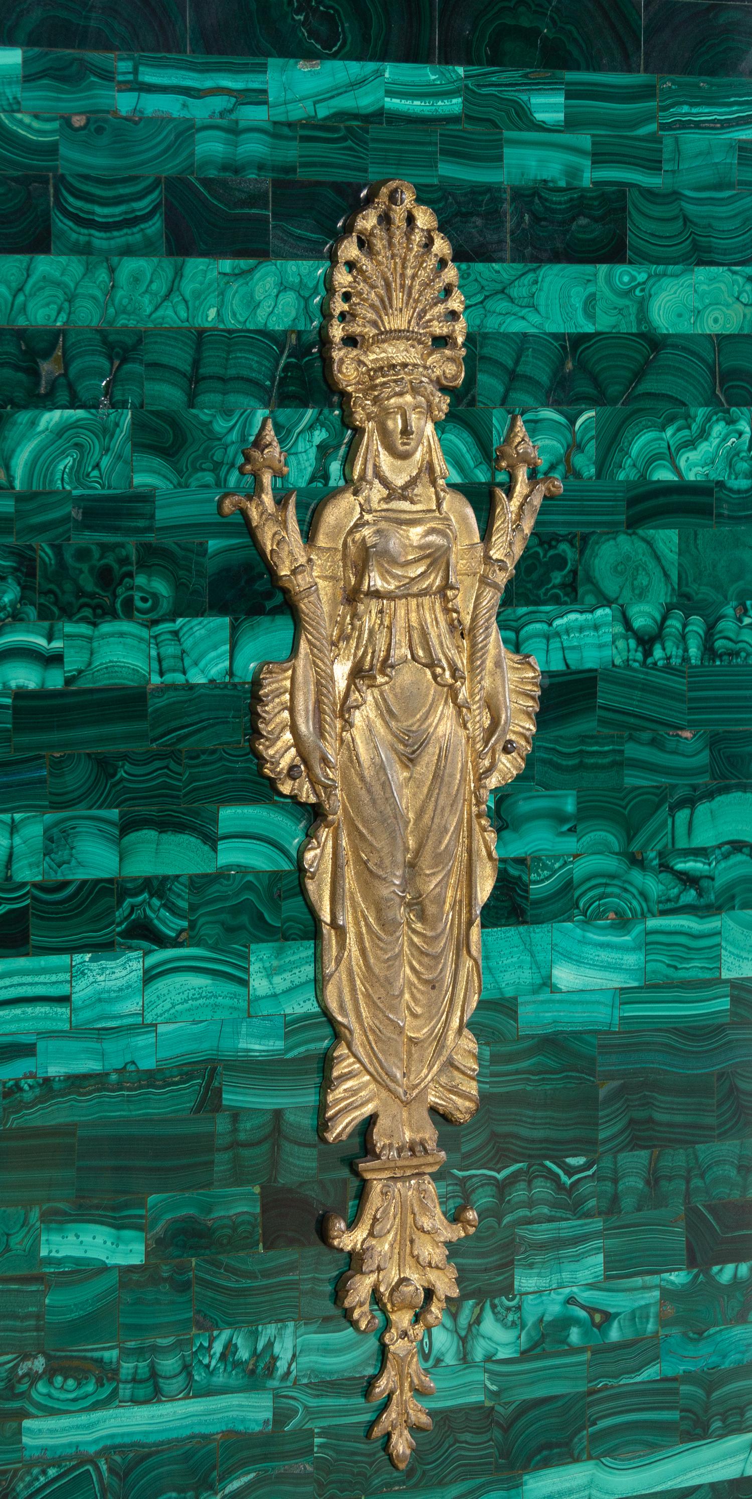 A Pair of Empire Style Gilt Bronze Mounted Malachite Veneered Pedestals