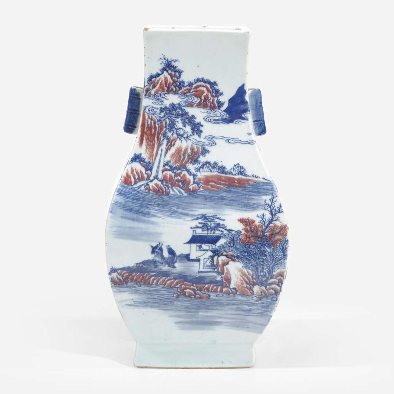 A Chinese underglaze blue and red-decorated vase, fanghu 青花釉里红方壶