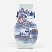 A Chinese underglaze blue and red-decorated vase, fanghu 青花釉里红方壶