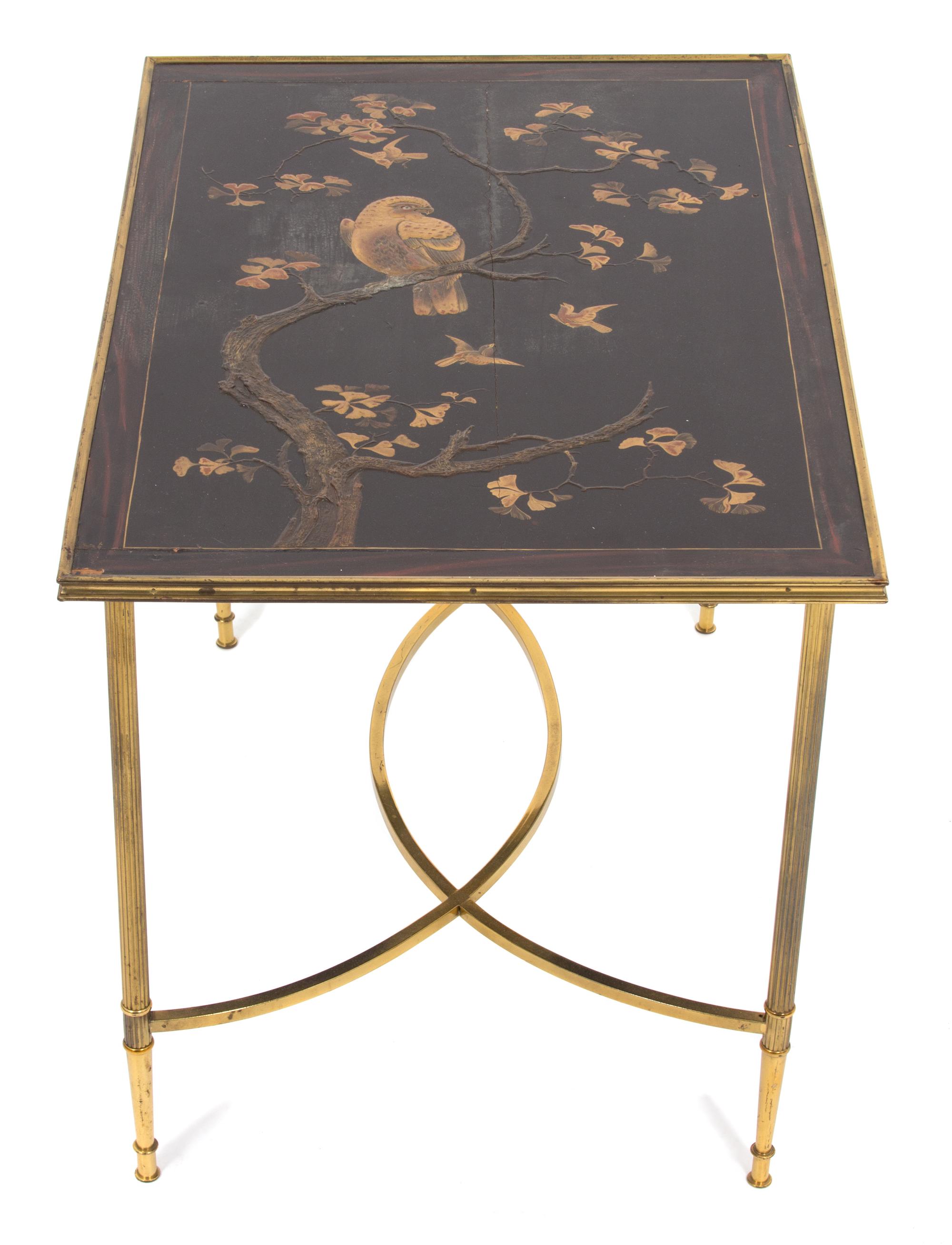 A Chinese Faux Rosewood and Inlaid Brass Side Table Height 18 x width 24 1/2 x depth 17 inches. — 20TH CENTURY