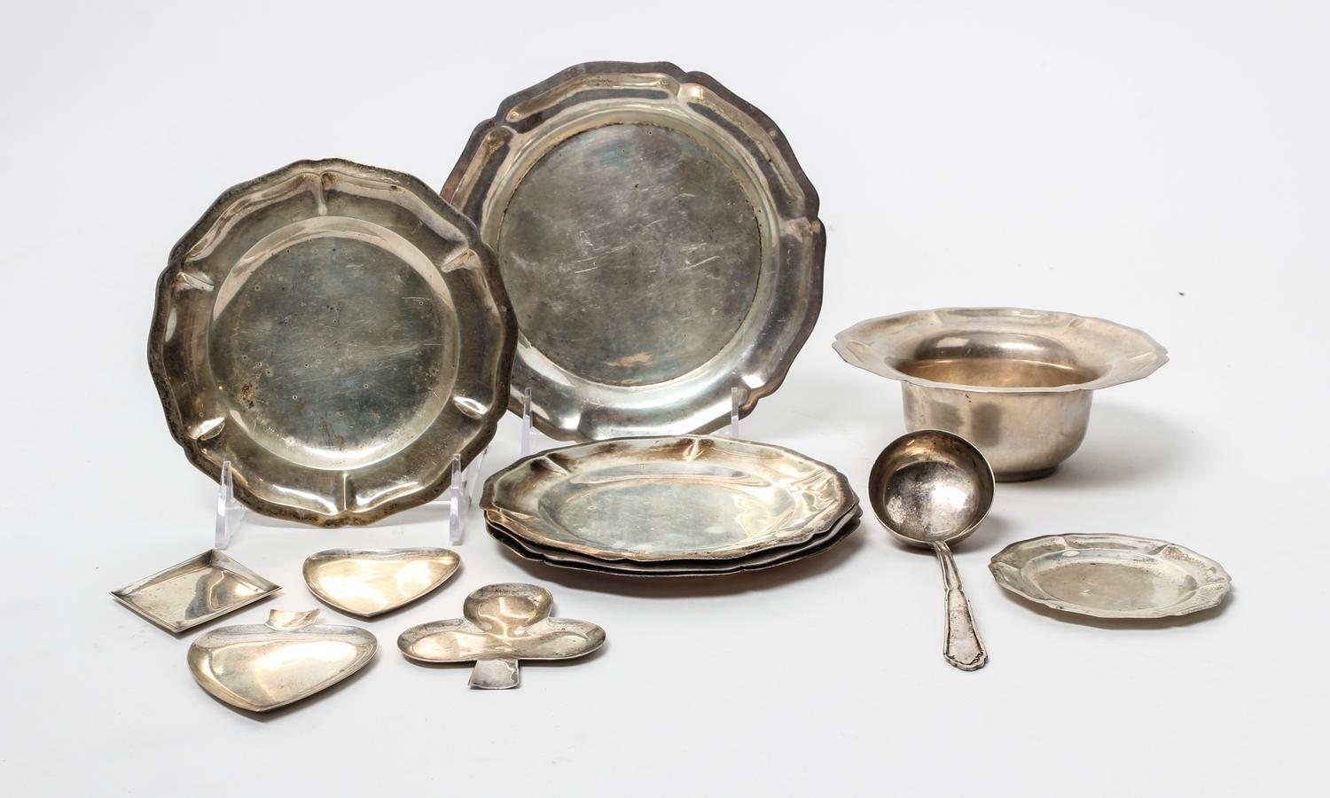 A Collection of Mexican Silver Articles, , comprising a bowl, a spoon, four trays in the form of a diamond, heart, spade and club and 6
