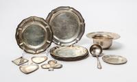 A Collection of Mexican Silver Articles, , comprising a bowl, a spoon, four trays in the form of a diamond, heart, spade and club and 6