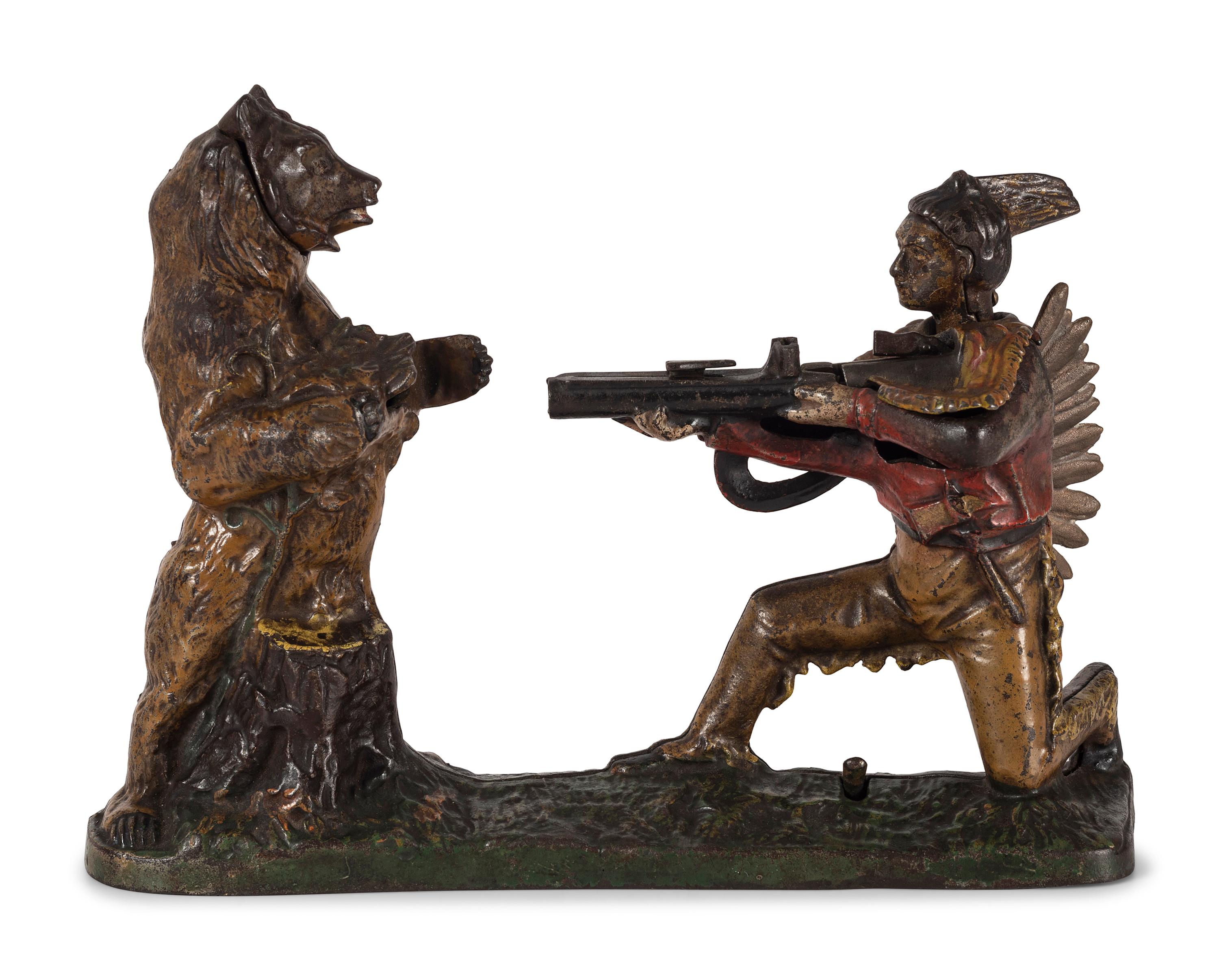 A J. & E. Stevens Indian and Bear Cast Iron Bank