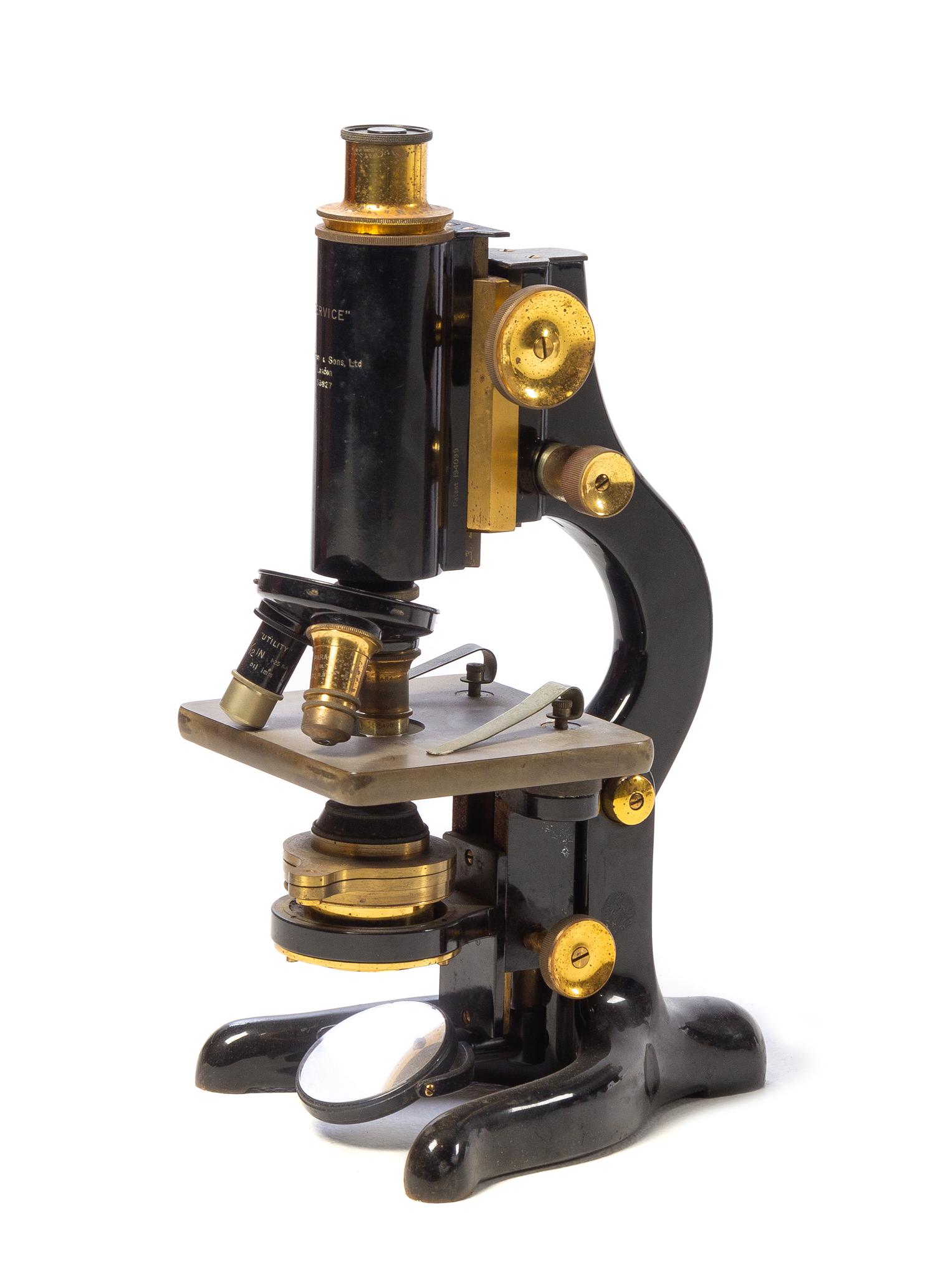 An English Brass and Black Lacquered Microscope Height 12 inches. — W. WATSON & SONS, LONDON, EARLY 20TH CENTURY