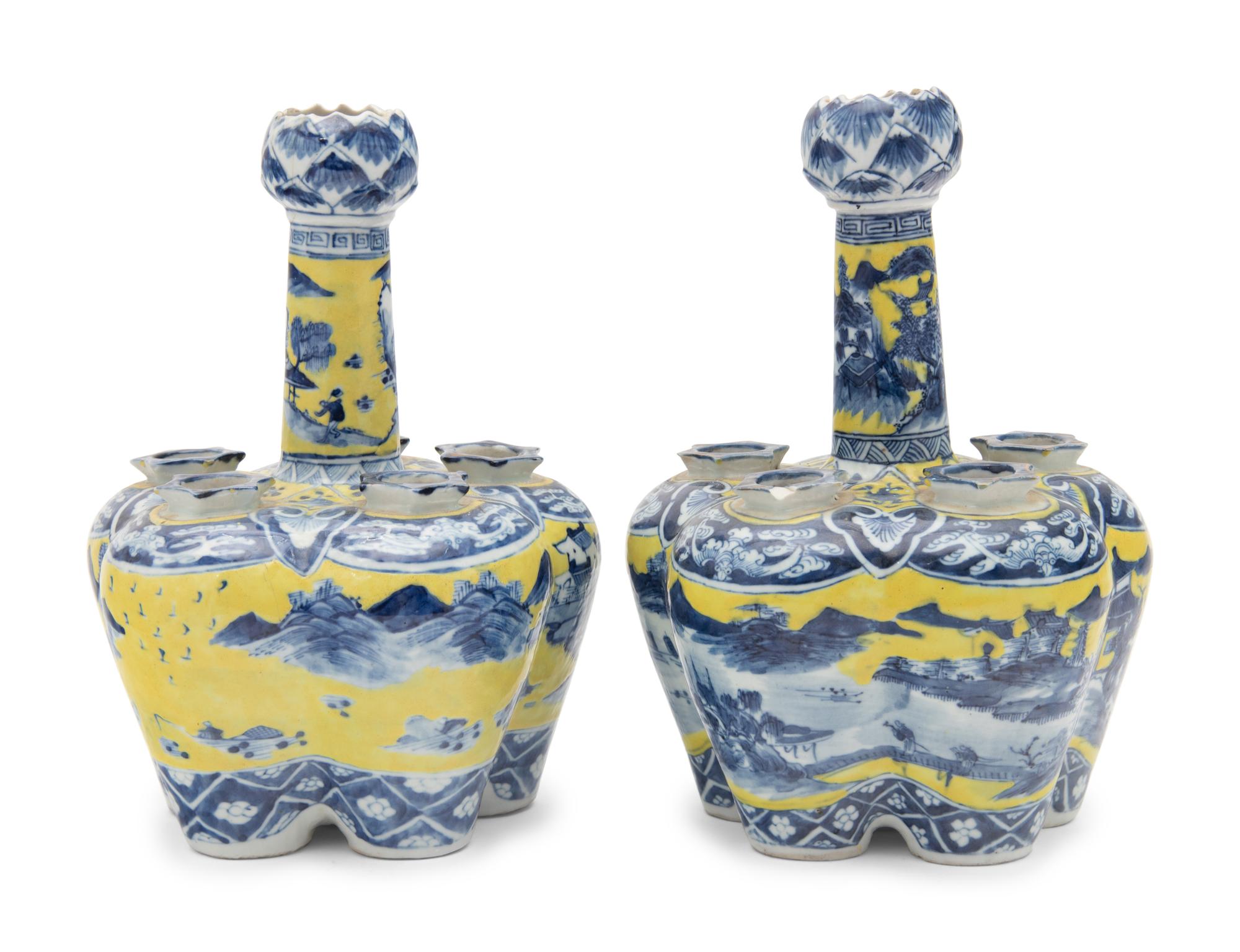 A Pair of Chinese Export Yellow Ground Underglaze Blue Tulip Vases