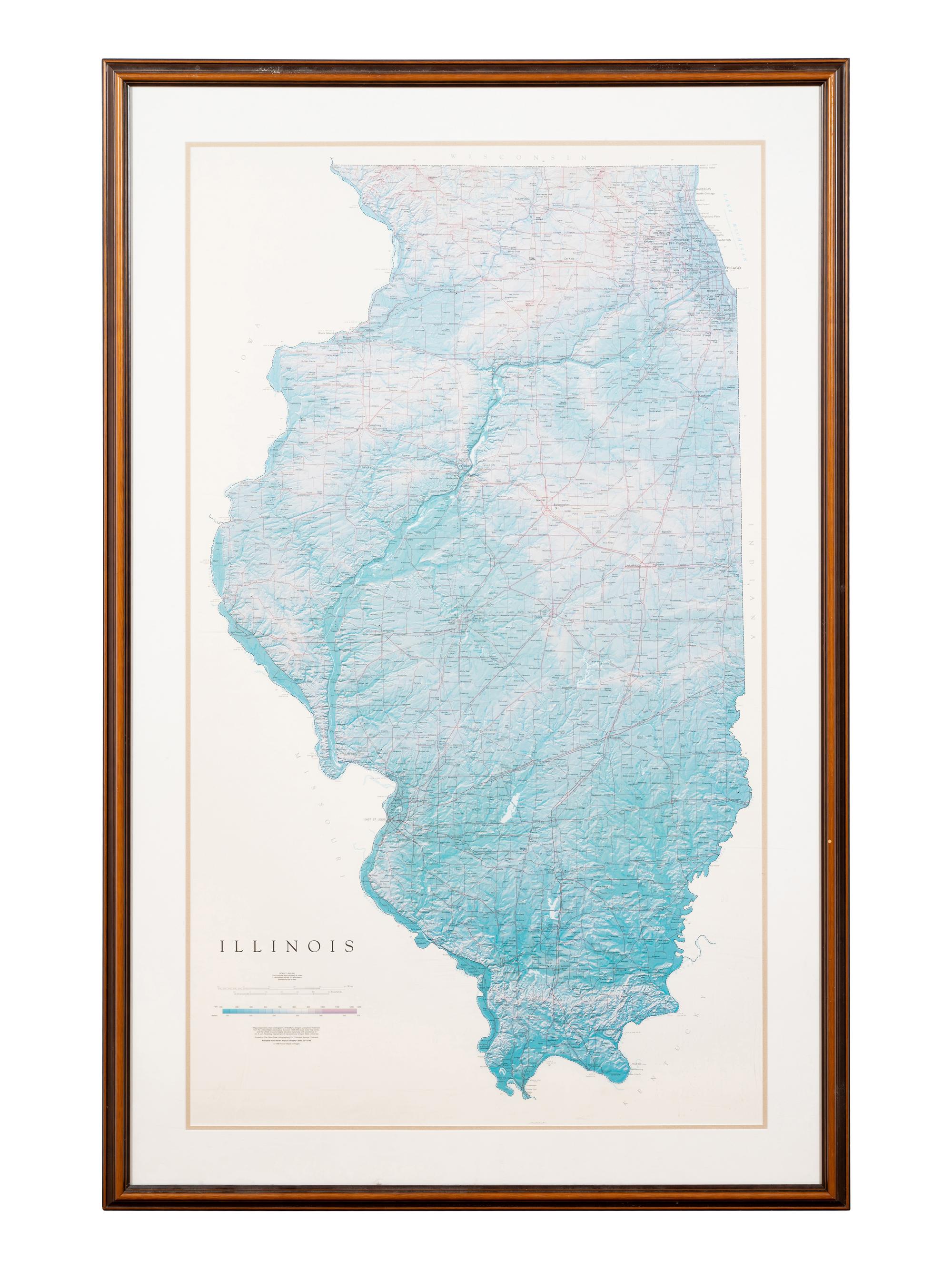 Modern map of Illinois. Colorado Springs, CO: The Pikes Peak Lithography Co., 1998. 59 1/2 x 37 1/2 in. Matted and framed.