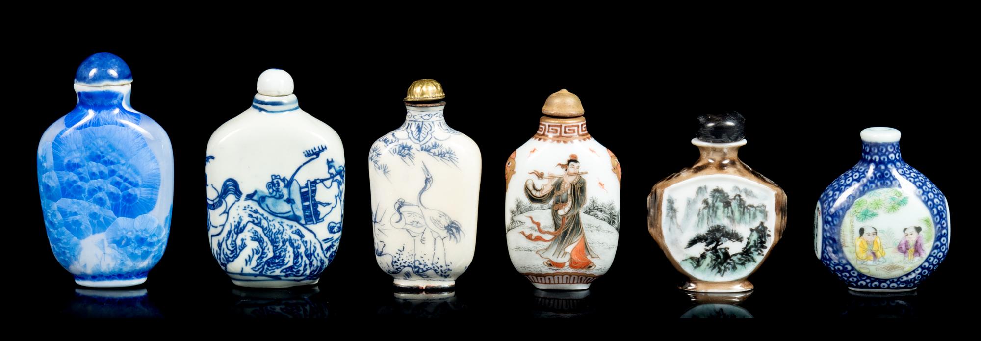 Six Chinese Porcelain Snuff Bottles Height of tallest 2 7/8 inches. — 20TH CENTURY