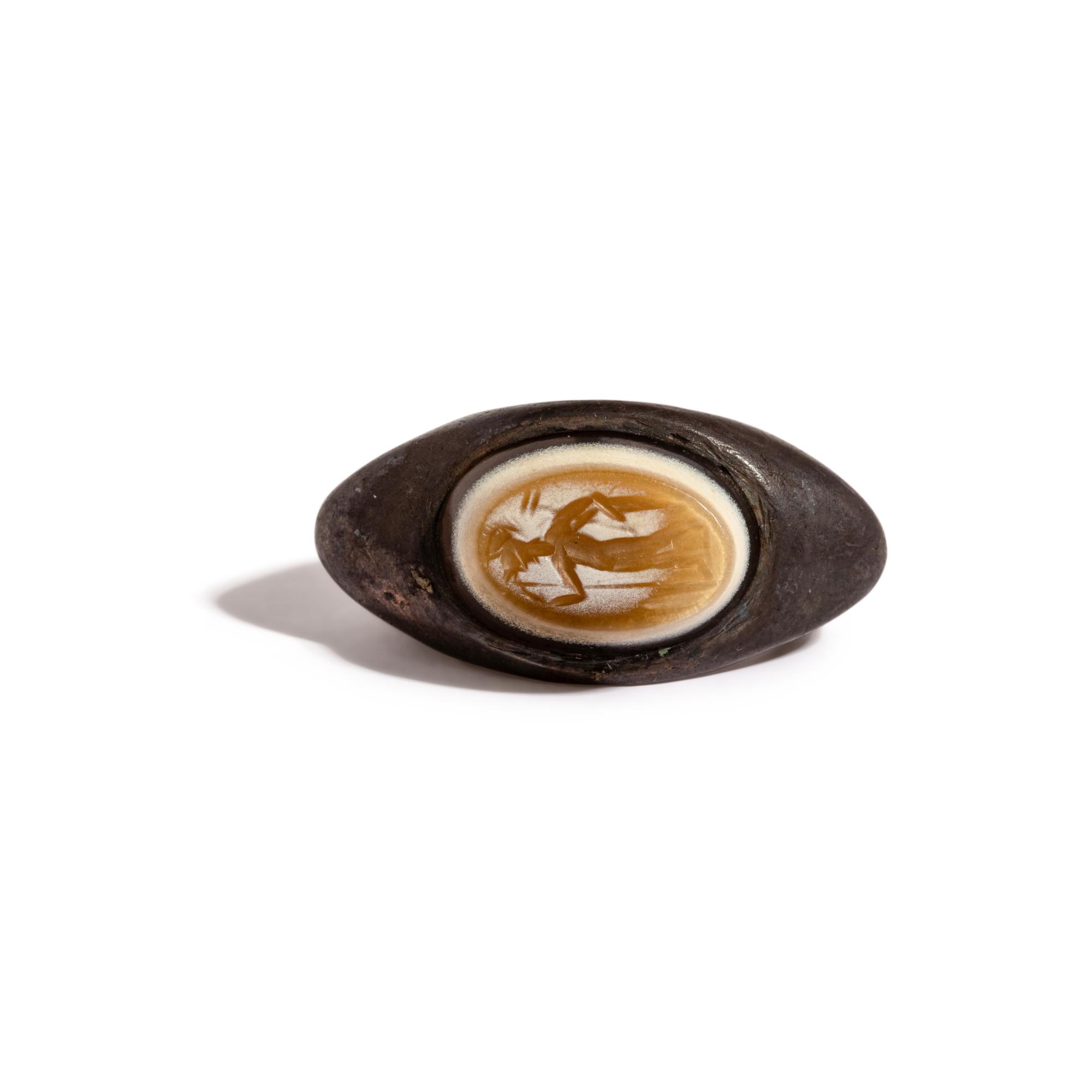 A Roman Agate and Silver Finger Ring with the Goddess Minerva