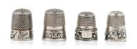 A Group of Four American Silver Thimbles, Various Makers, comprising an example having a knurled top and body above a foliate and vine