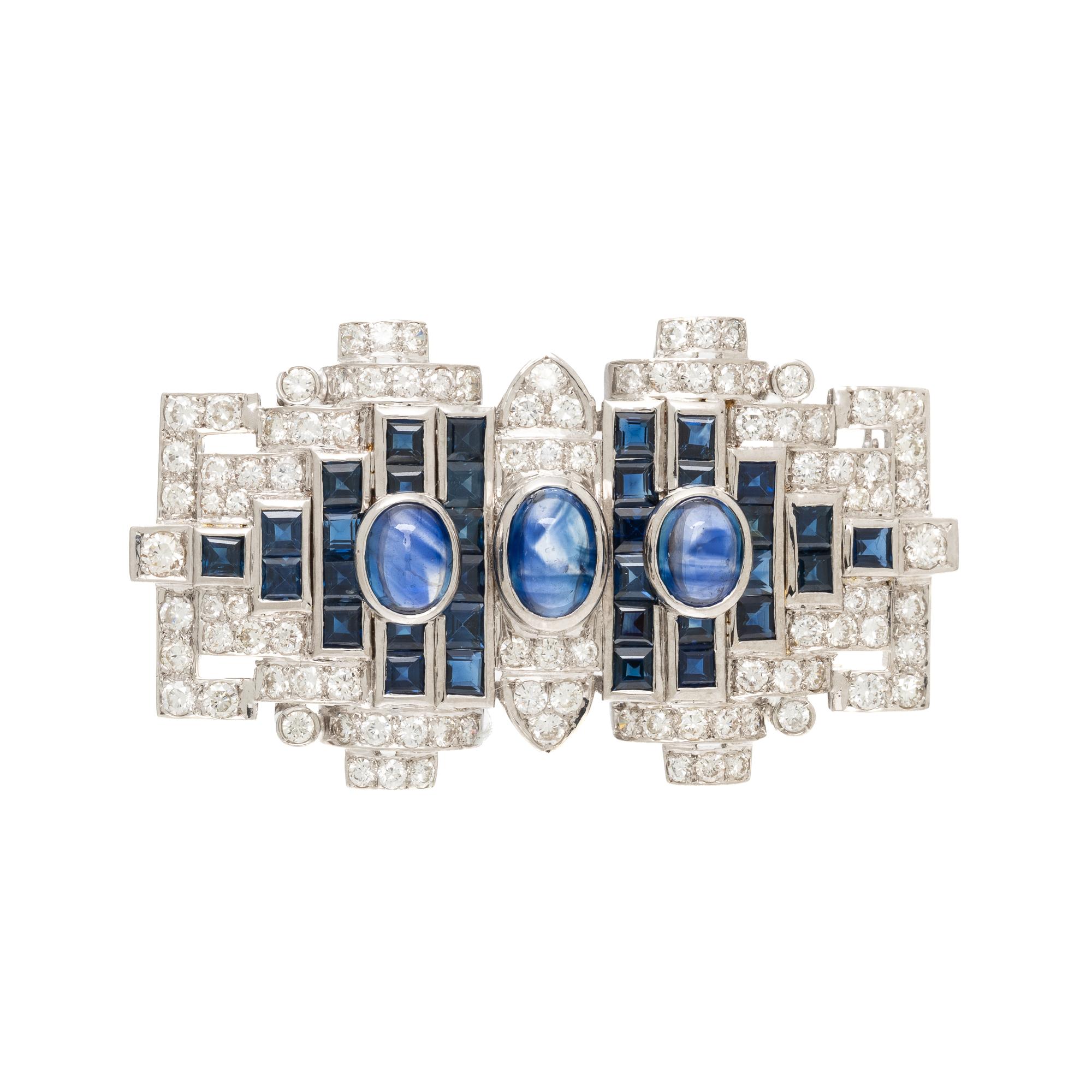 Sapphire, Diamond, and White Gold Brooch