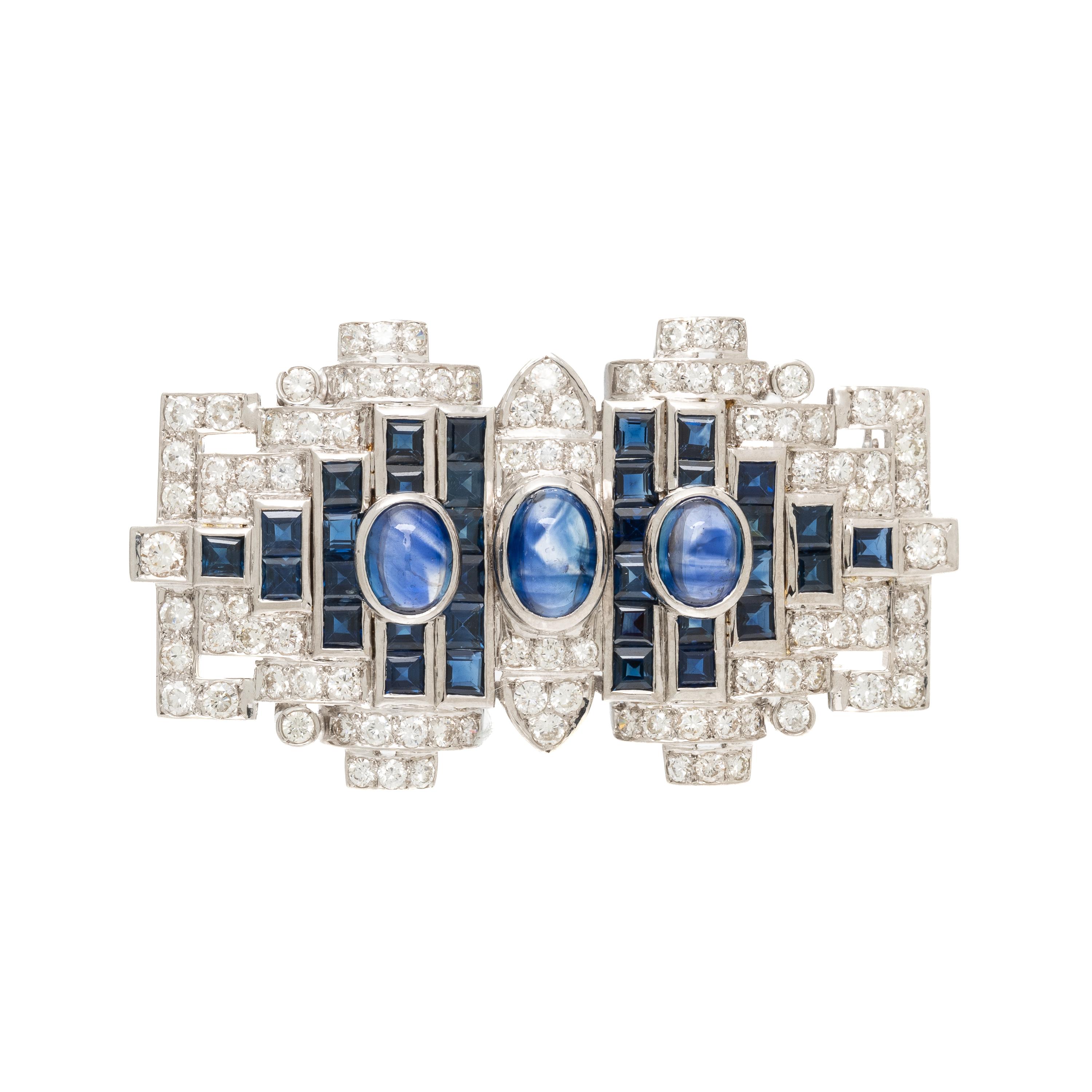 Sapphire, Diamond, and White Gold Brooch