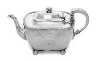 An American Silver Teapot, Frank W. Smith Silver Co., Gardner, MA, retailed by Rand & Crane, Boston, MA, of squat form with a gadrooned