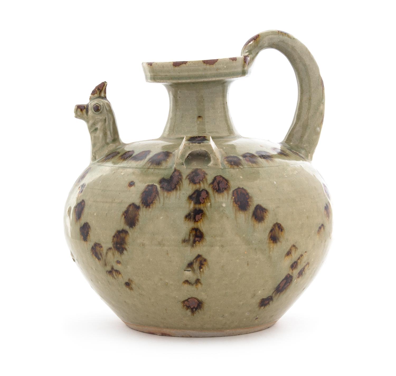 A Yueyao-Style Celadon Glazed Pottery Ewer Height overall 10 inches.