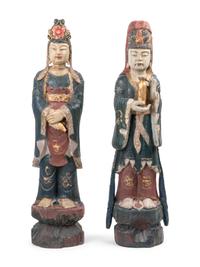 Two Chinese Export Carved and Polychrome Wood Figures — 20th Century