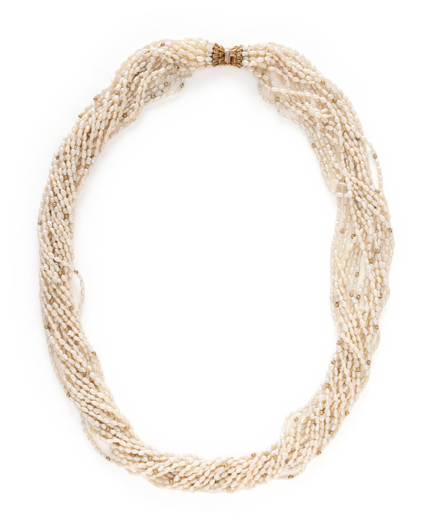 YELLOW GOLD, KESHI PEARL, AND DIAMOND NECKLACE