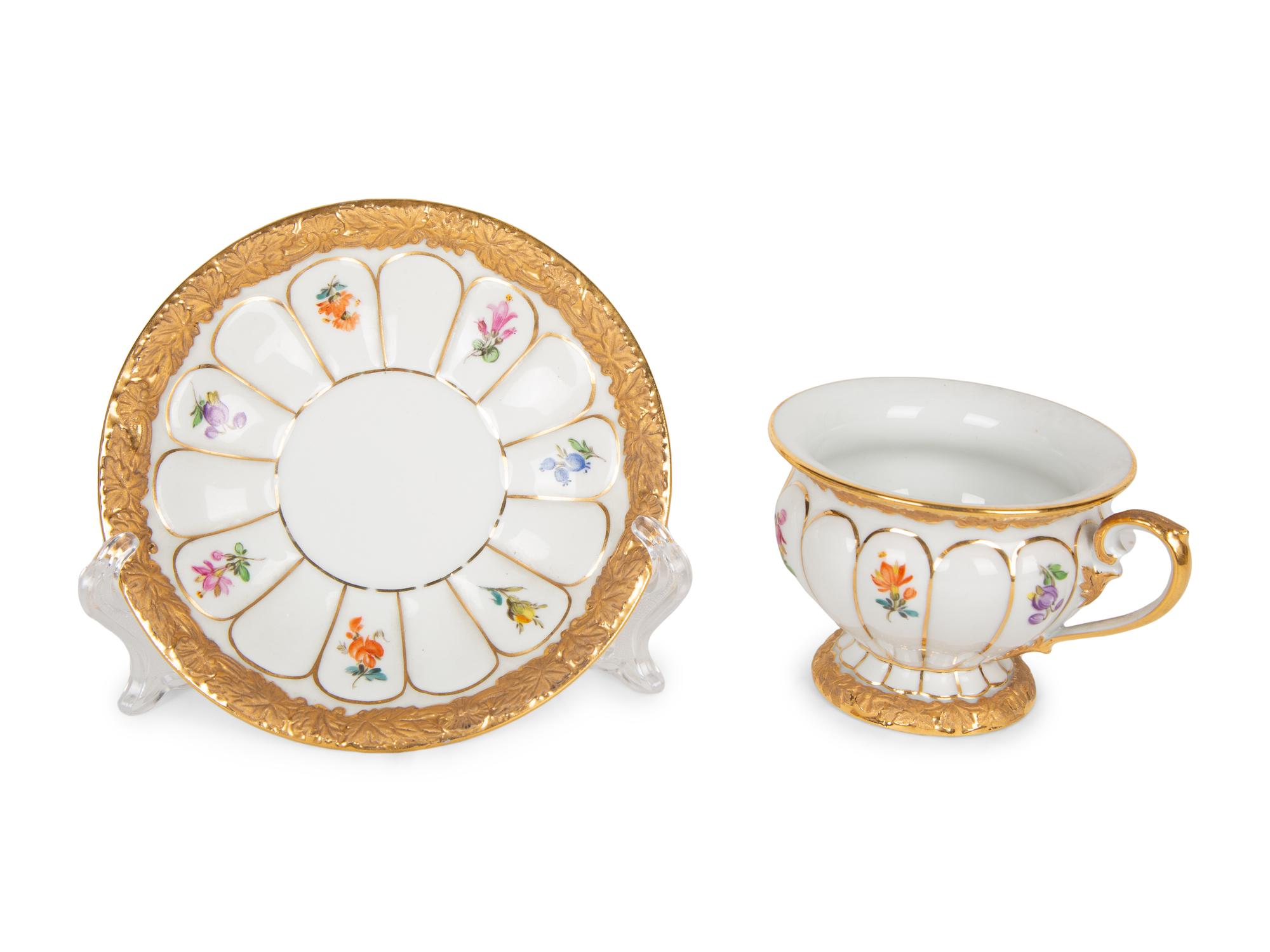Ten Meissen and Style of Porcelain Teacups and Saucers — 19TH/20TH CENTURY