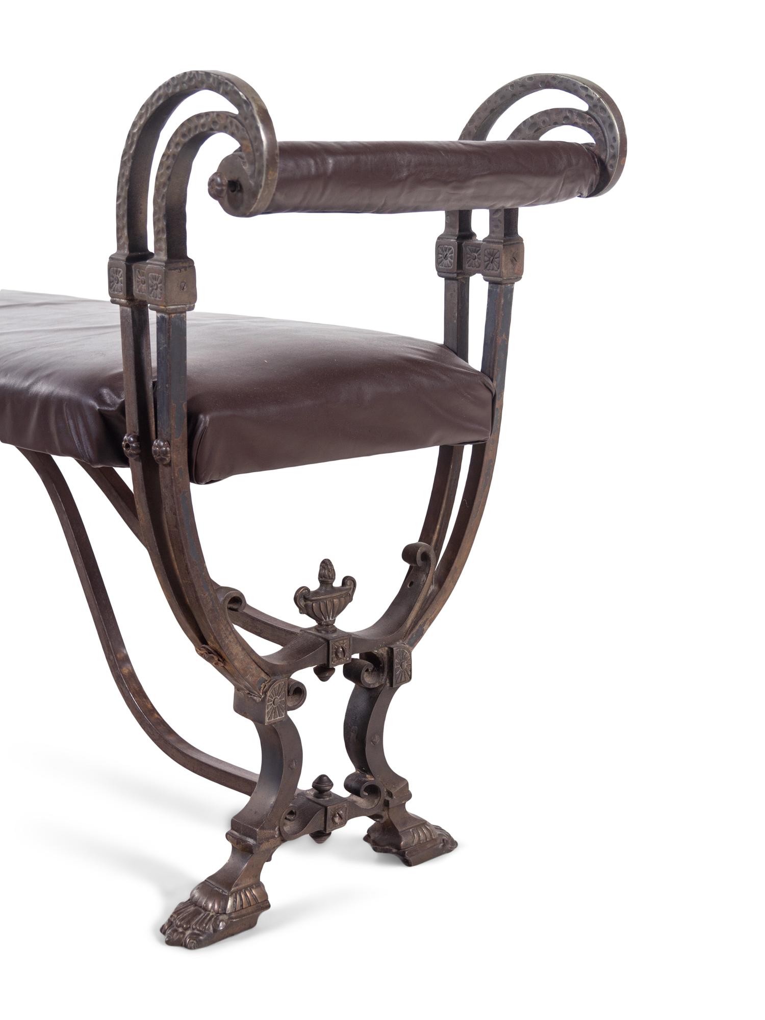 A Continental Metal and Leather Upholstered Bench