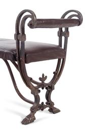 A Continental Metal and Leather Upholstered Bench