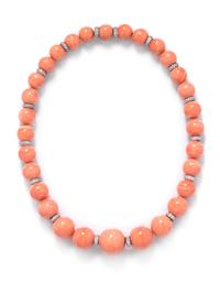 A White Gold, Diamond and Coral Bead Necklace,