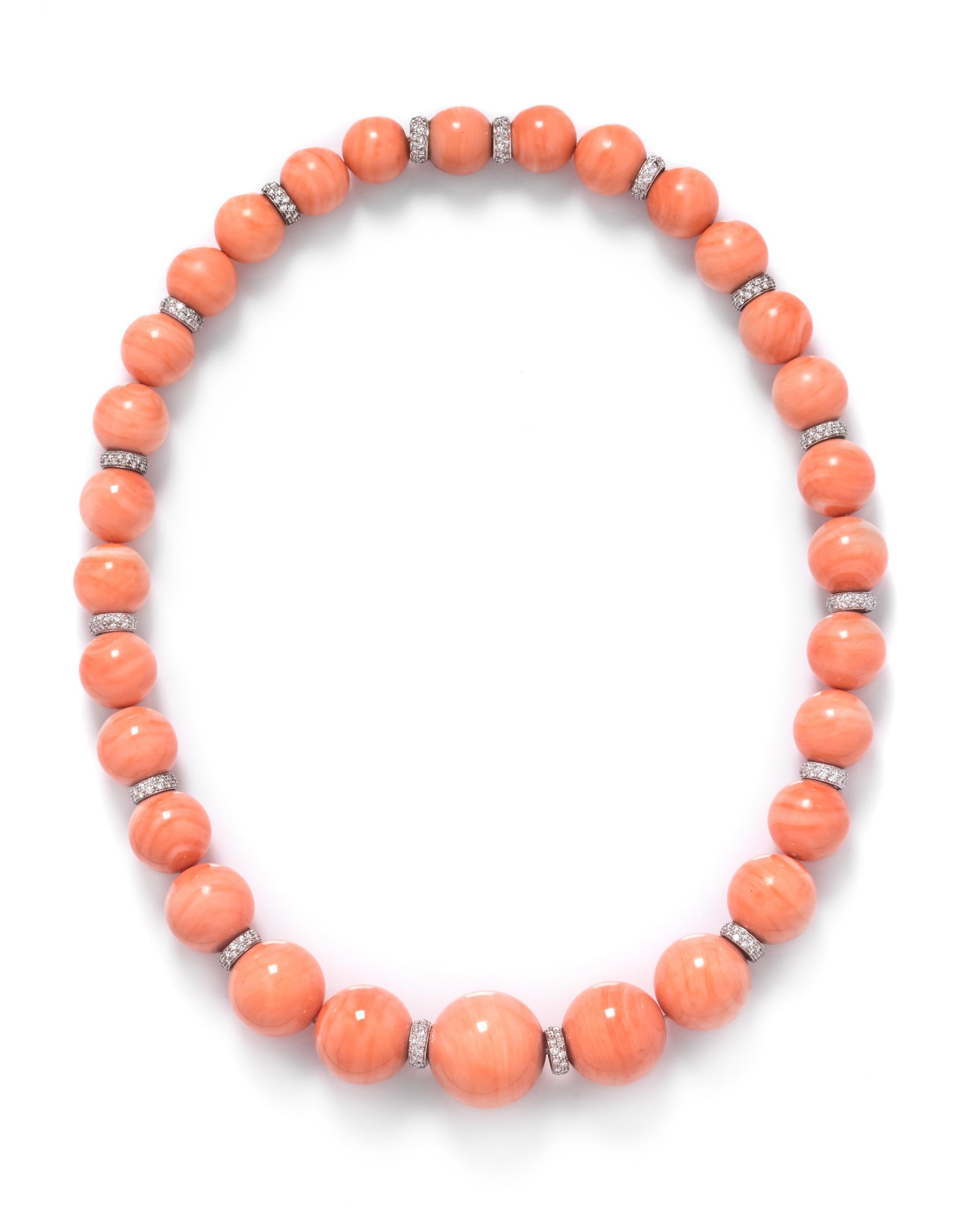 A White Gold, Diamond and Coral Bead Necklace,
