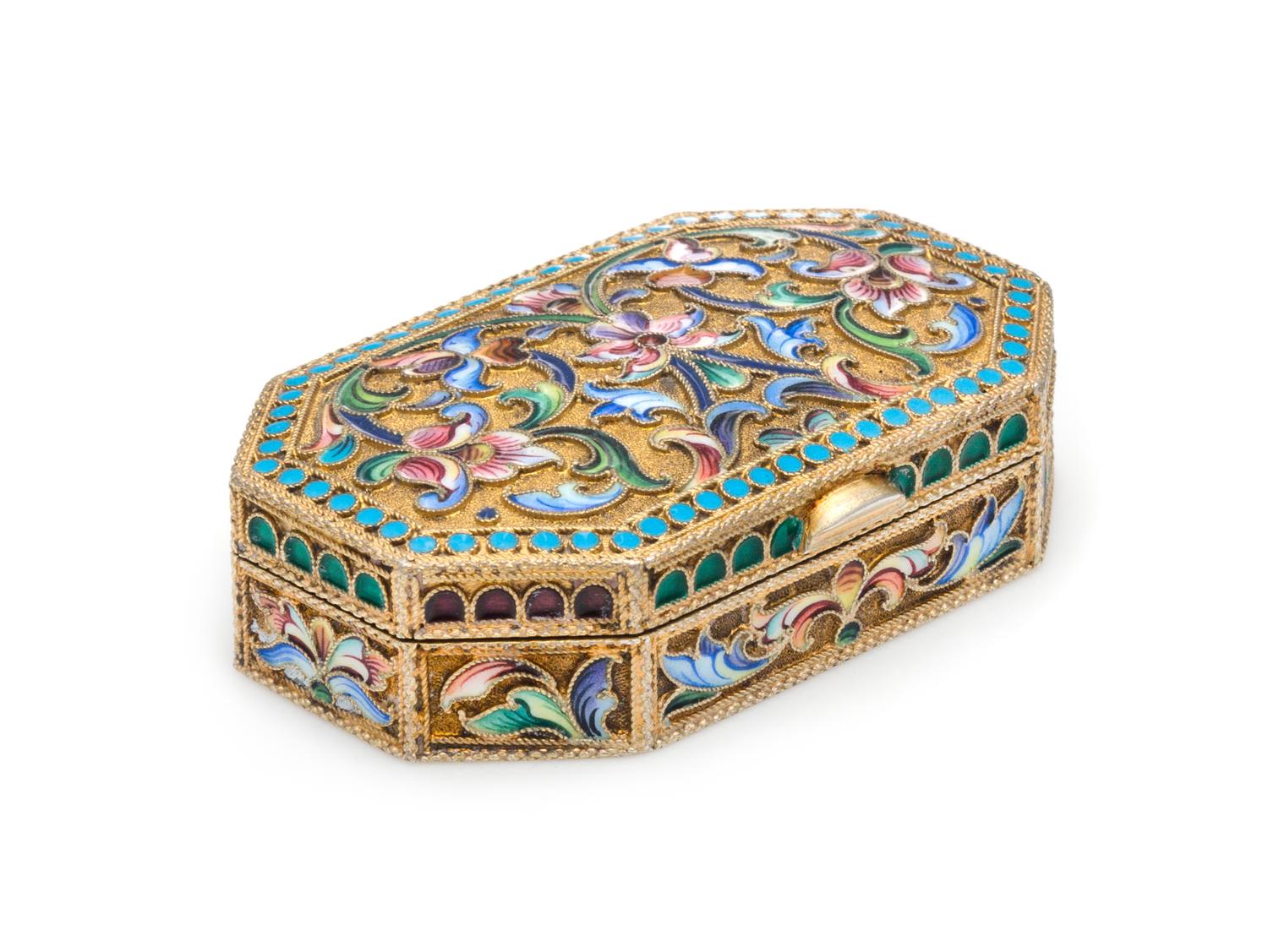 A Russian Silver-Gilt and Enameled Snuff Box, Mark of Maria Semenova, Moscow, Late 19th/Early 20th Century, of elongated octagonal form