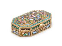 A Russian Silver-Gilt and Enameled Snuff Box, Mark of Maria Semenova, Moscow, Late 19th/Early 20th Century, of elongated octagonal form