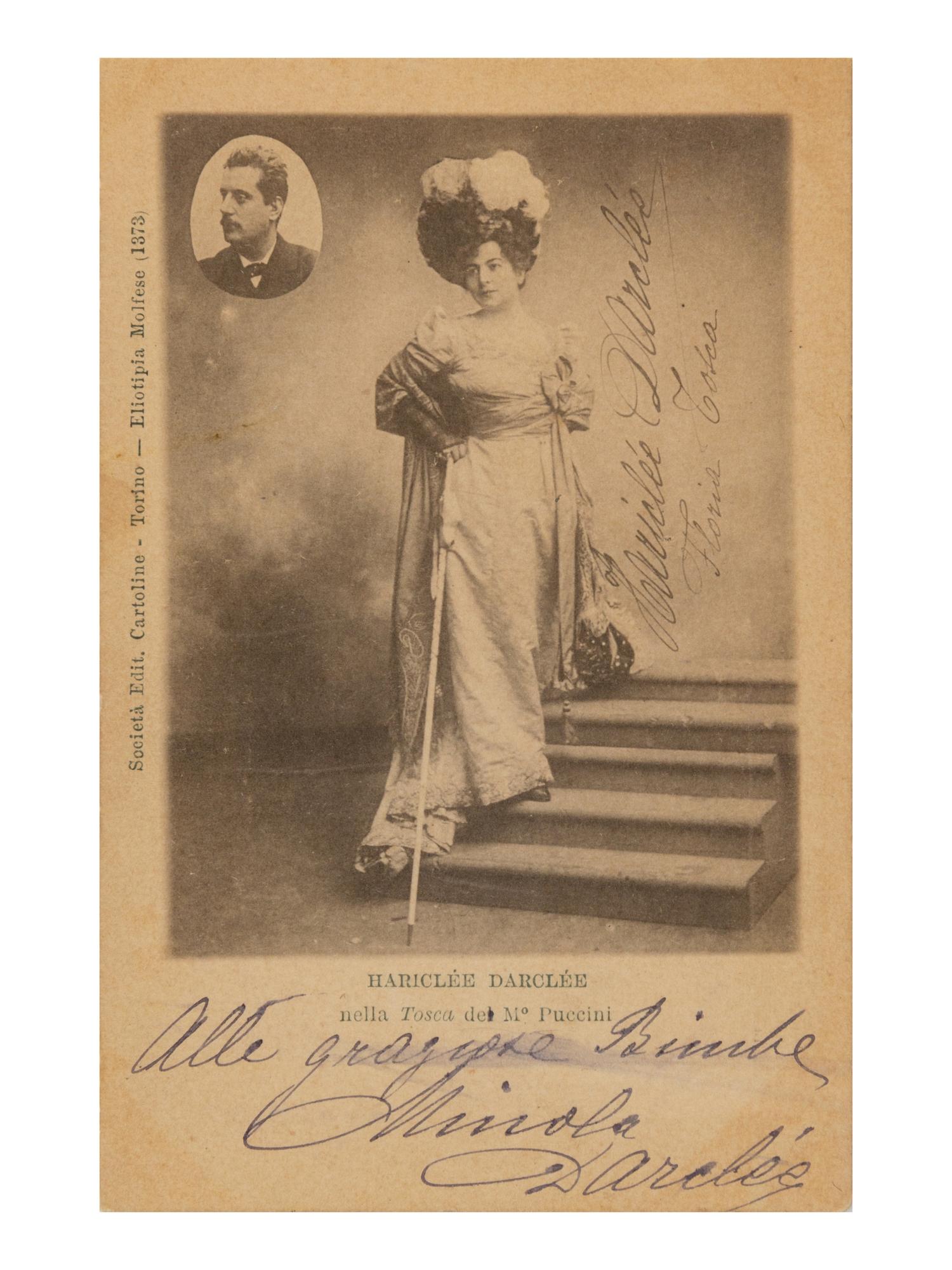 DARCLÉE, Hariclée (1860-1939). Photographic postcard, signed (“Darclée”) and additionally inscribed, n.d.
