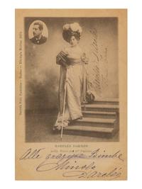 DARCLÉE, Hariclée (1860-1939). Photographic postcard, signed (“Darclée”) and additionally inscribed, n.d.