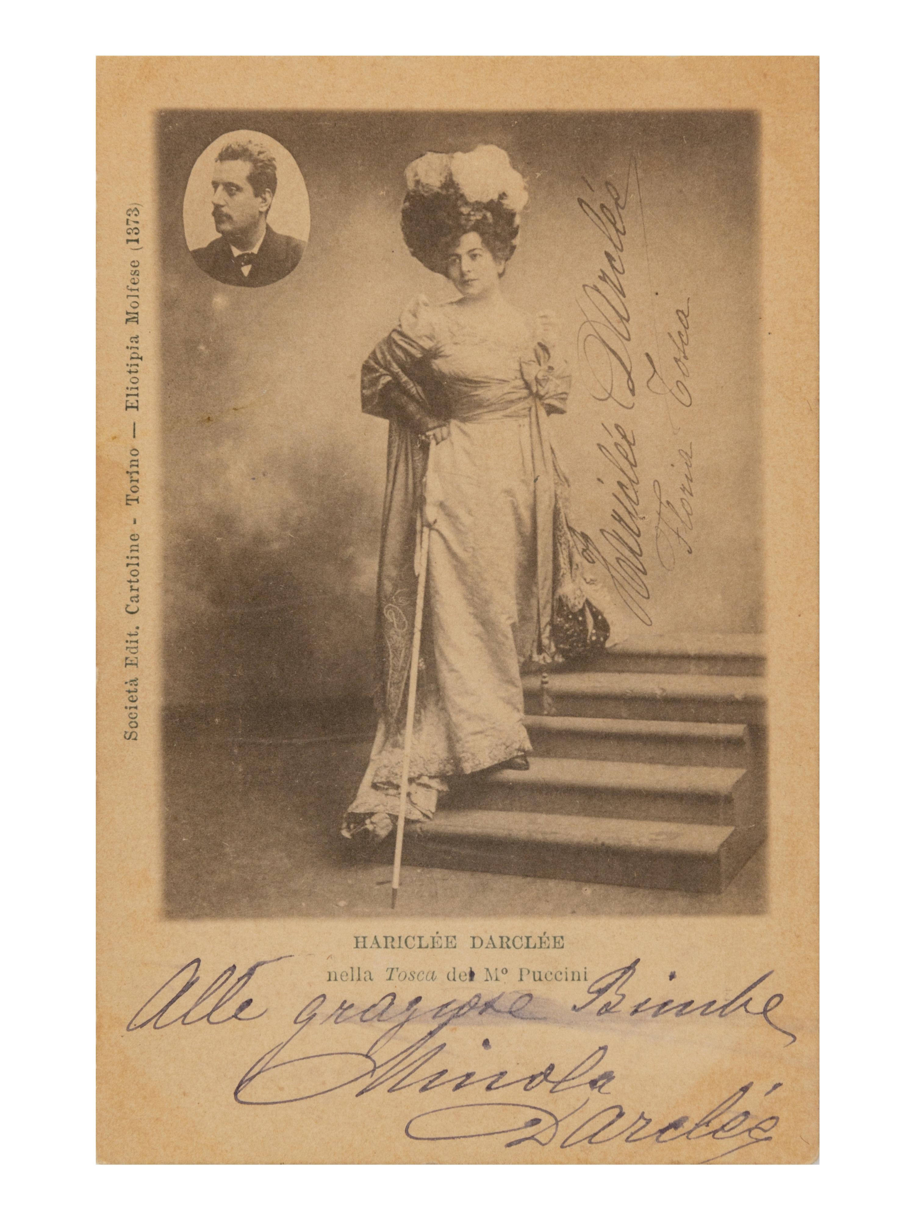 DARCLÉE, Hariclée (1860-1939). Photographic postcard, signed (“Darclée”) and additionally inscribed, n.d.