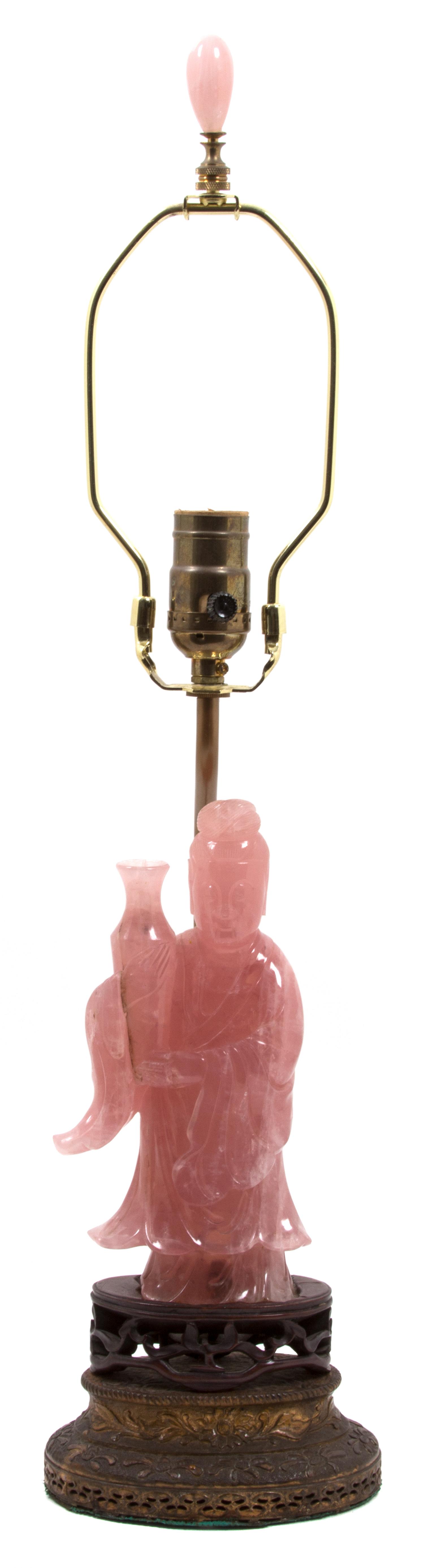 A Chinese Carved Rose Quartz Figure of Guanyin Height overall 22 inches, quartz 8 inches. — 20TH CENTURY