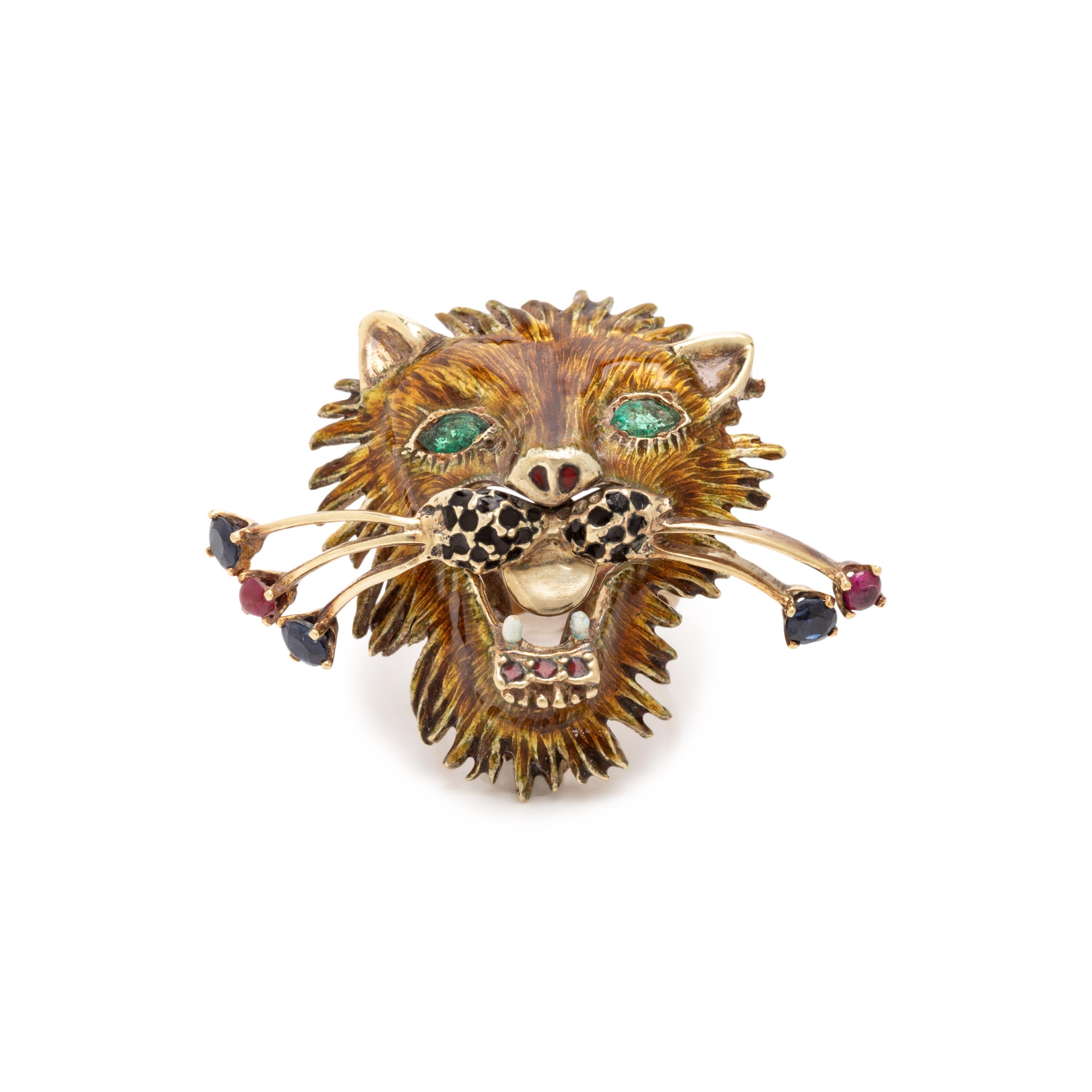 Multigem, Enamel, and Yellow Gold Lion Ring