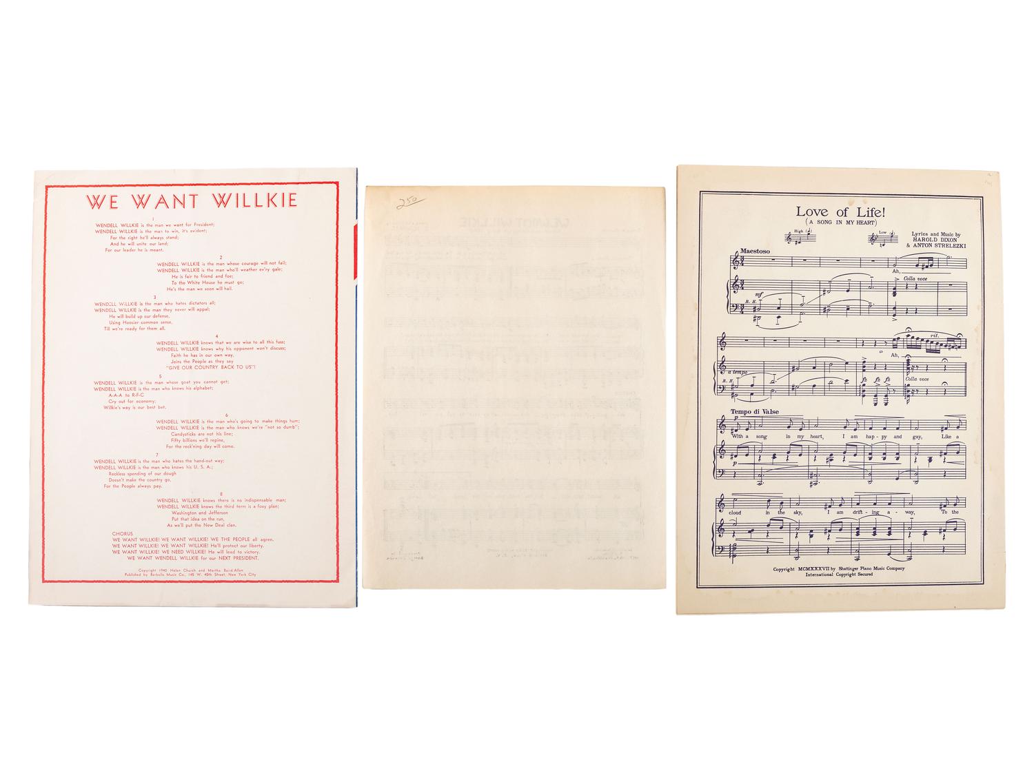 [WILLKIE, Wendell (1892-1944)]. A group of broadsides, sheet music, and campaign ephemera, comprising: