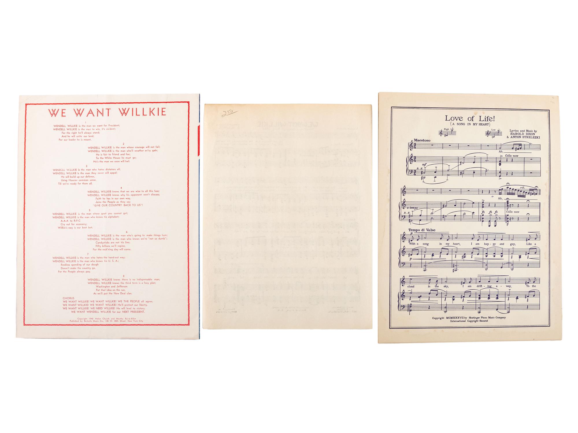 [WILLKIE, Wendell (1892-1944)]. A group of broadsides, sheet music, and campaign ephemera, comprising: