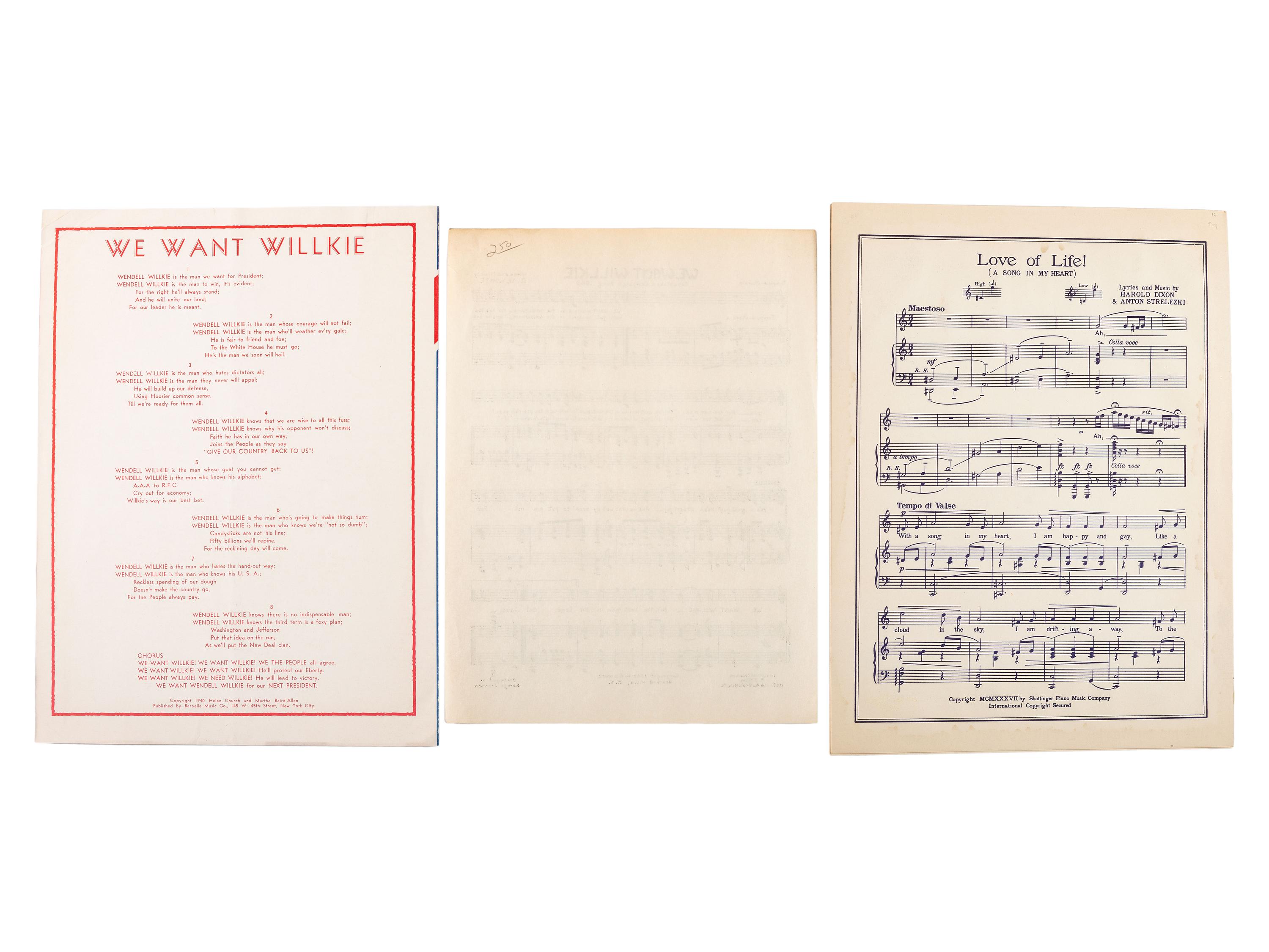 [WILLKIE, Wendell (1892-1944)]. A group of broadsides, sheet music, and campaign ephemera, comprising: